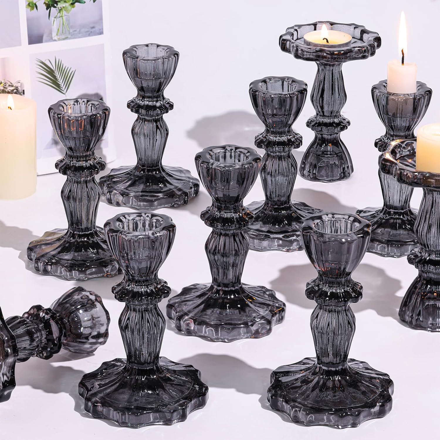 Taper Candle Holders, Candlestick Holders, Glass Candle Holder - Vintage Flower Design Candle Holders 12pcs