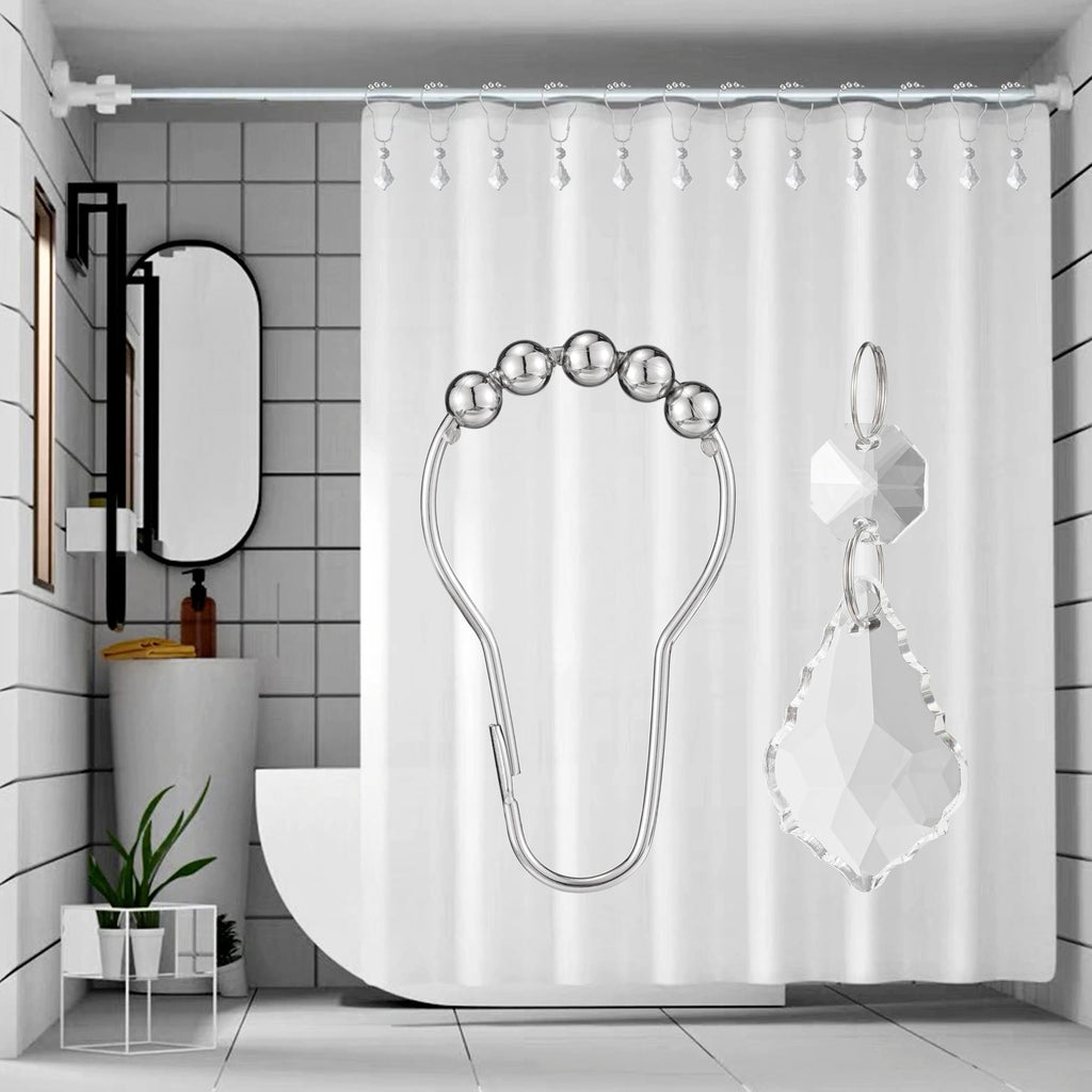 Set of 12 Water Drops Crystal Bead Stainless Steel Rust Resistant Clear Shower Curtain