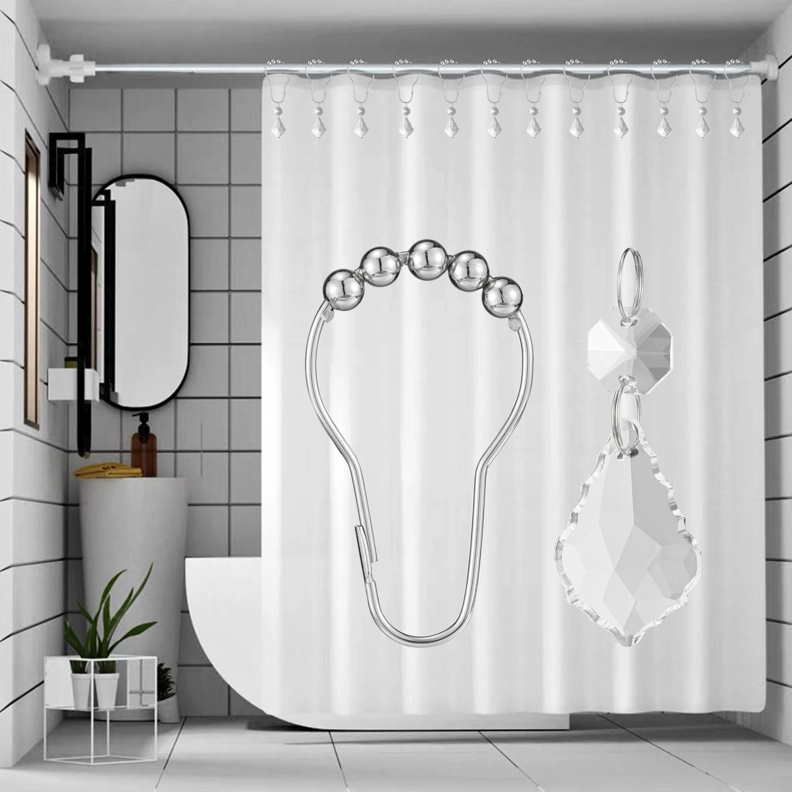 Set of 12 Water Drops Crystal Bead Stainless Steel Rust Resistant Clear Shower Curtain