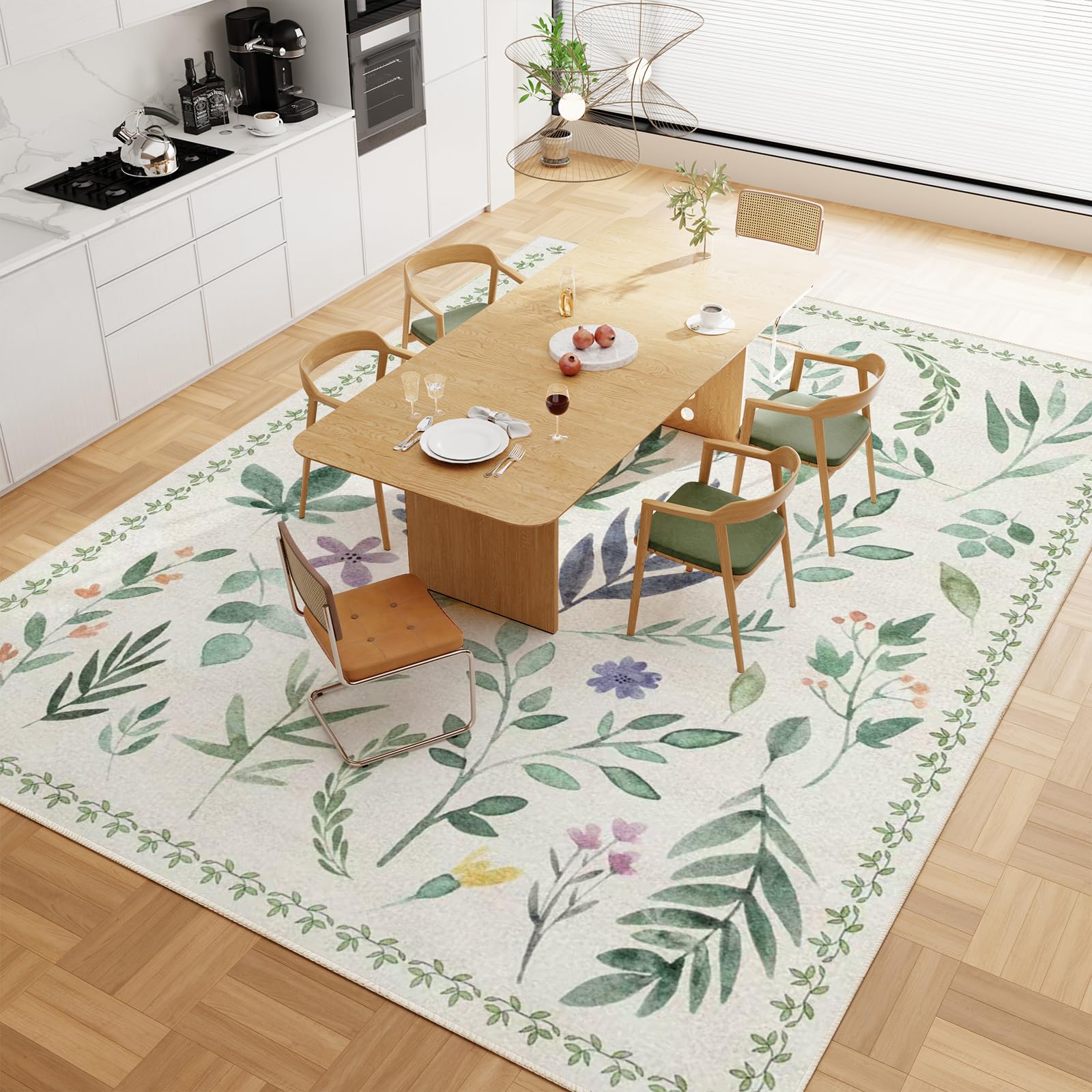 Washable Floral Rugs with Non Slip Backing, Stain Resistant, Floral Soft Low-Pile