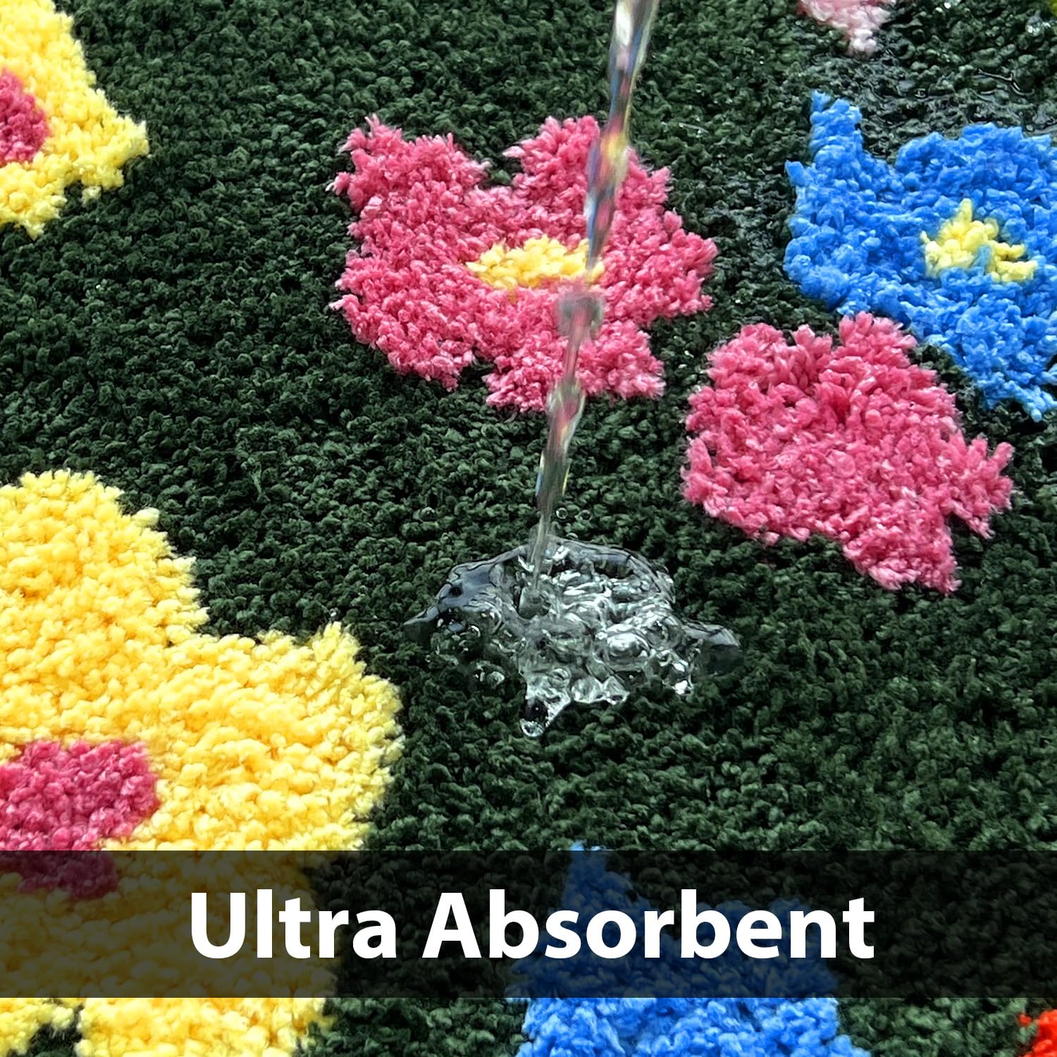 Green Moss Bathroom Rugs Bath Mat Non Slip, Ultra Soft Absorbent Aesthetic Decor Shaggy Tufted Flower Long Bath Rugs