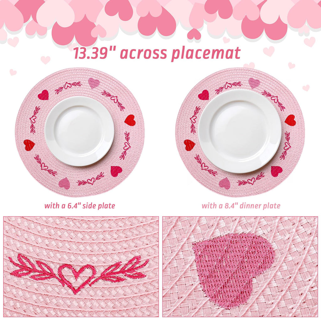 Whaline 4Pcs Round Placemats Pink Bow Embroidered Place Mats Coquette Bow Dinner Table Mats for Home Wedding Baby Shower Birthday Party Decor