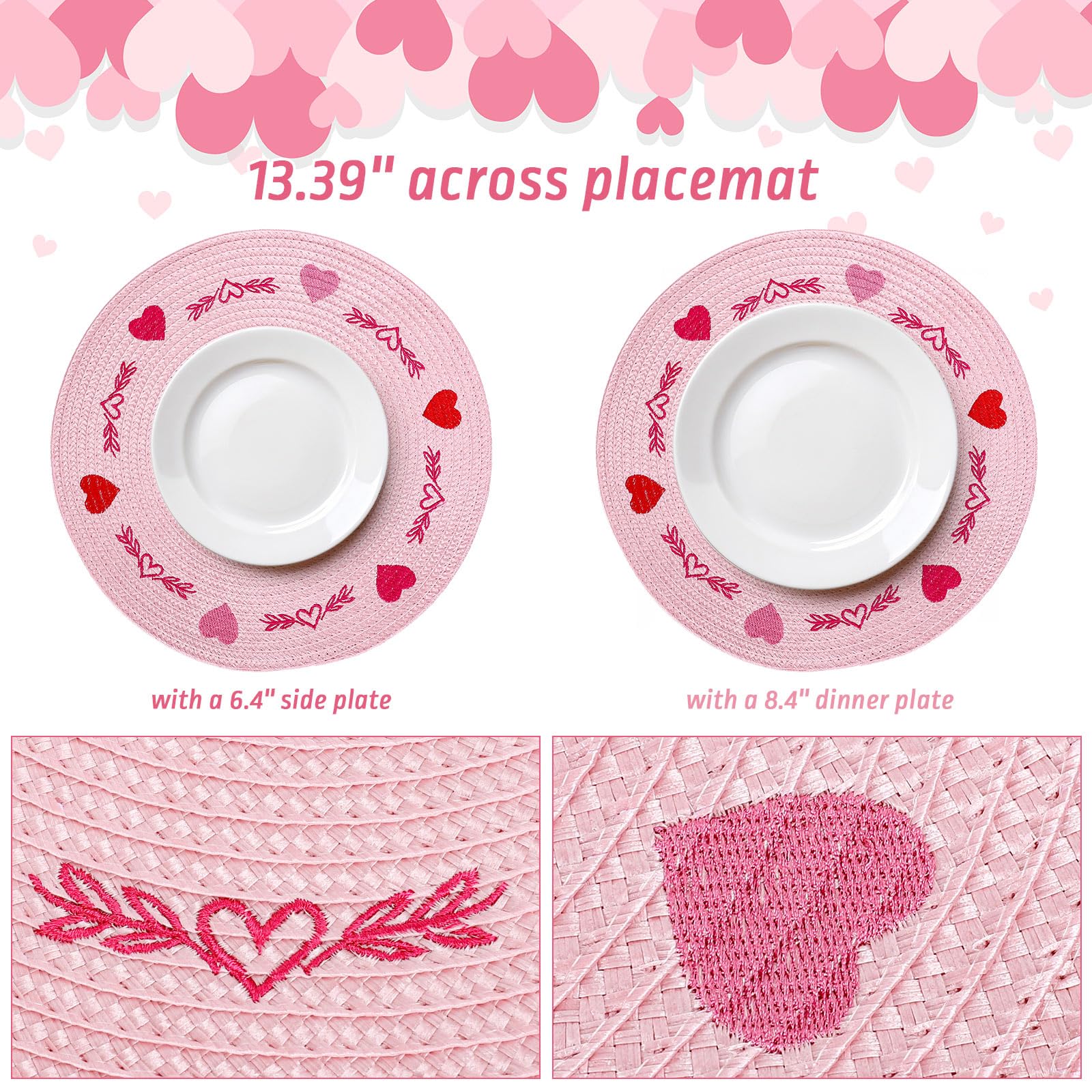 Whaline 4Pcs Round Placemats Pink Bow Embroidered Place Mats Coquette Bow Dinner Table Mats for Home Wedding Baby Shower Birthday Party Decor