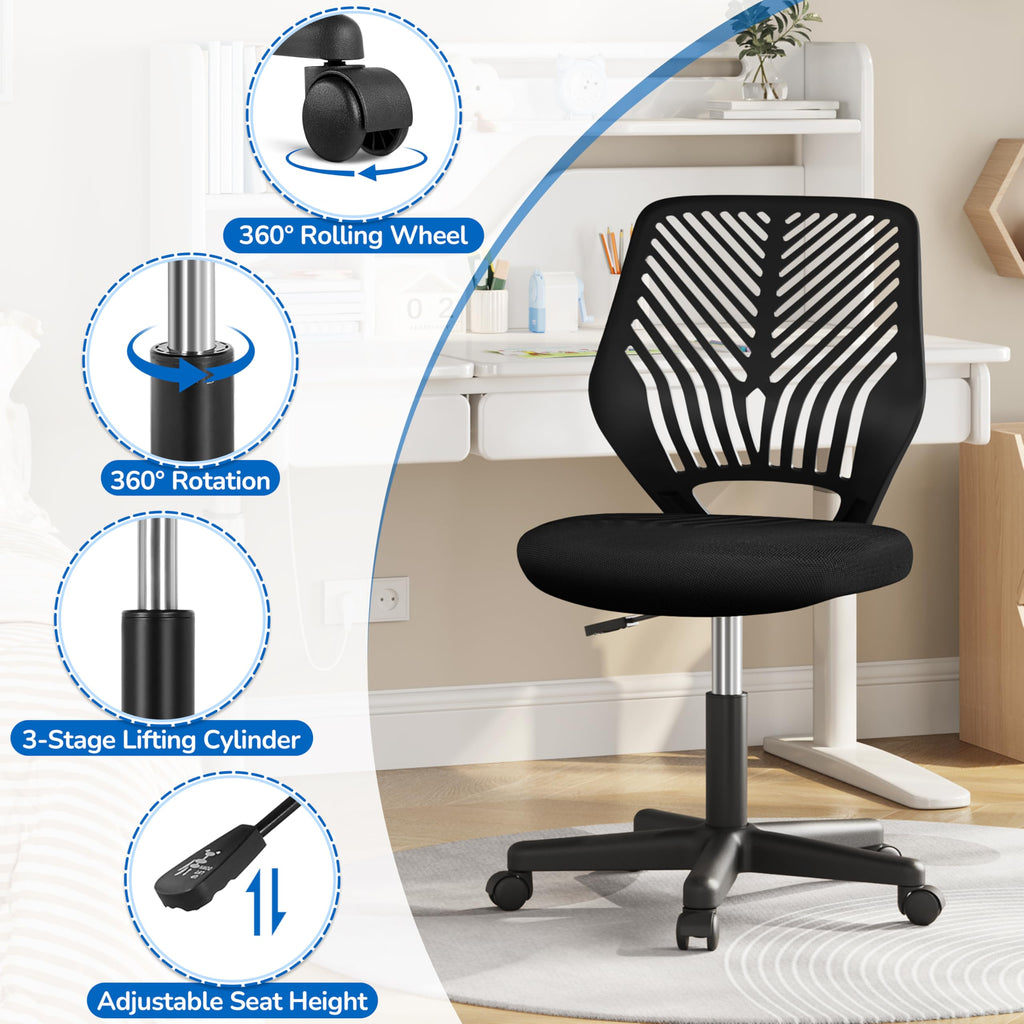 Cute Low-Back Armless Study w/Lumbar Support Adjustable Swivel Chair