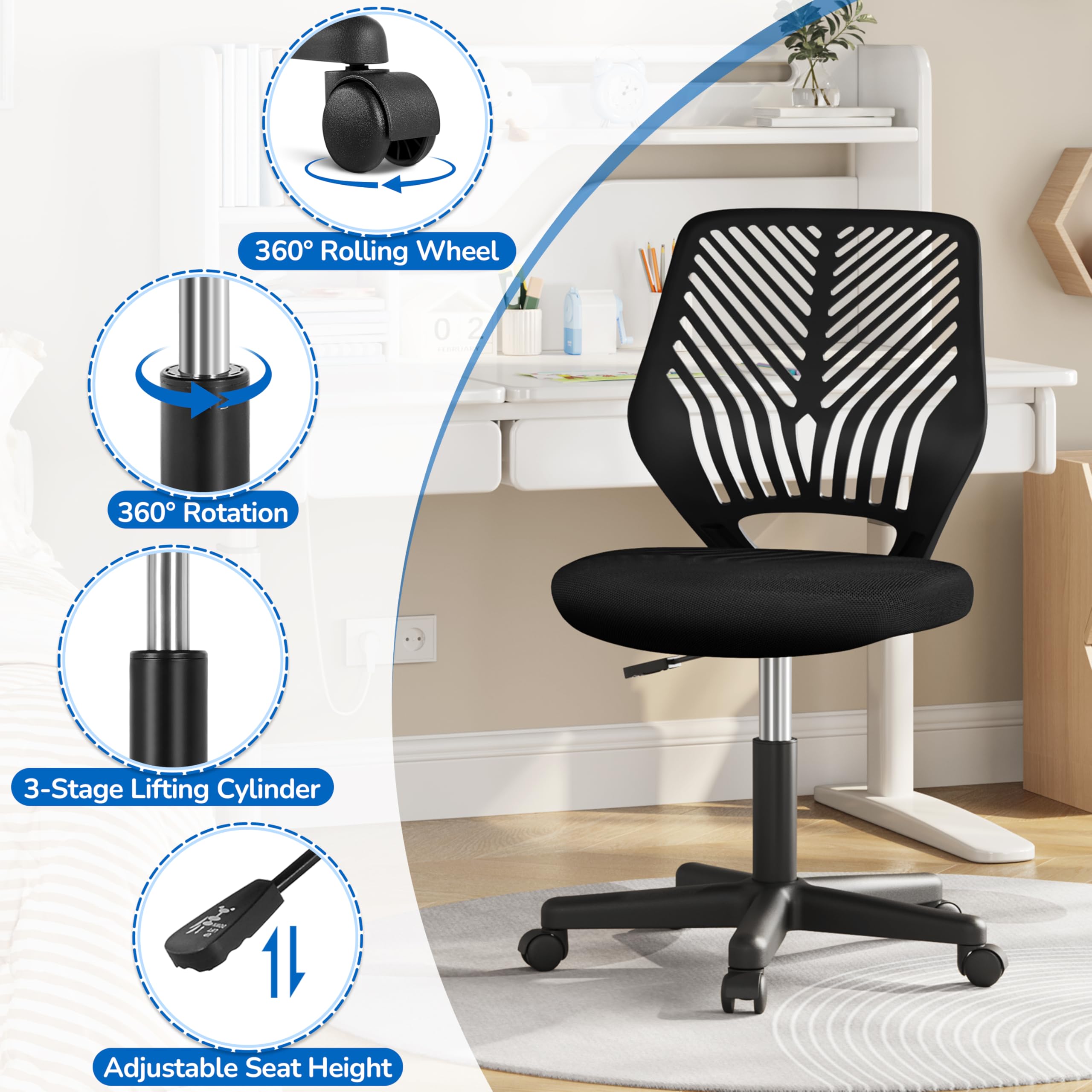 Cute Low-Back Armless Study w/Lumbar Support Adjustable Swivel Chair