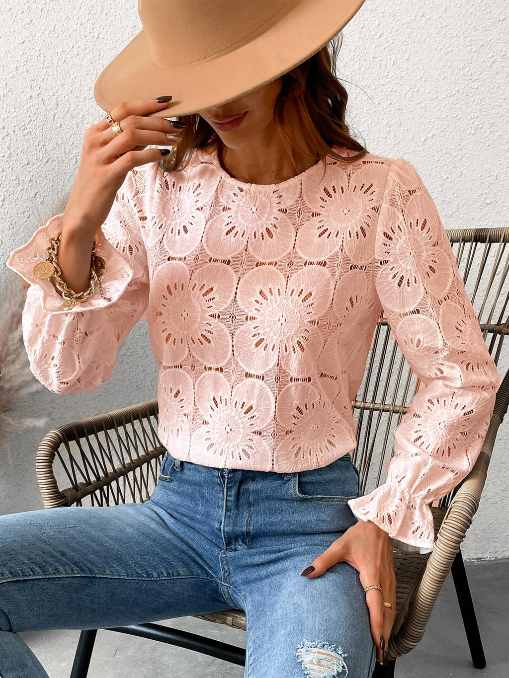 Women Eyelet Long Sleeve - Dressy Hollow Out Crochet Lace Embroidered Blouse