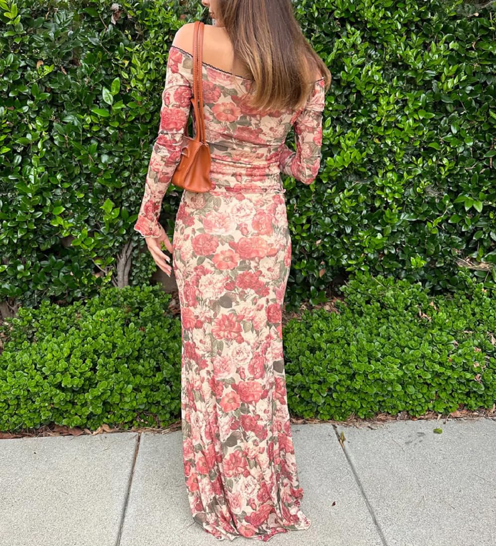 Women Y2K 2 Piece Long Skirt Set V Neck Halter Crop Top Off Shoulder Slim Fit Tube Top Split Maxi Skirts Outfit