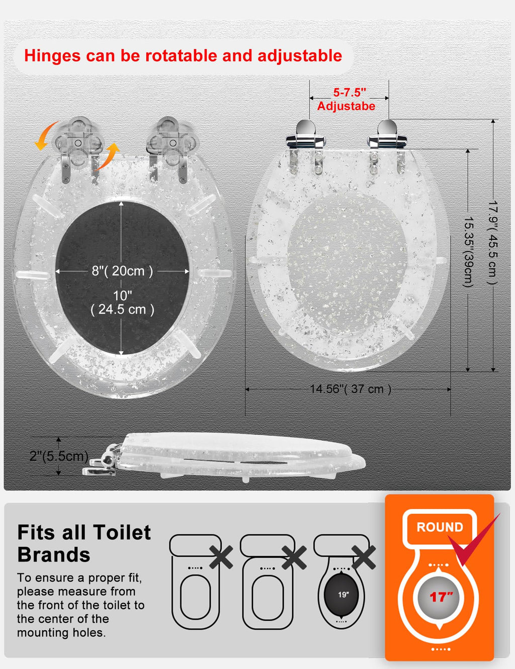 Round Resin Toilet Seat Glitter Soft Close Quick Release Metal Zinc Alloy Hinge Easy to Install also Easy to Clean, Decorative Acrylic Seats (17 Inch)