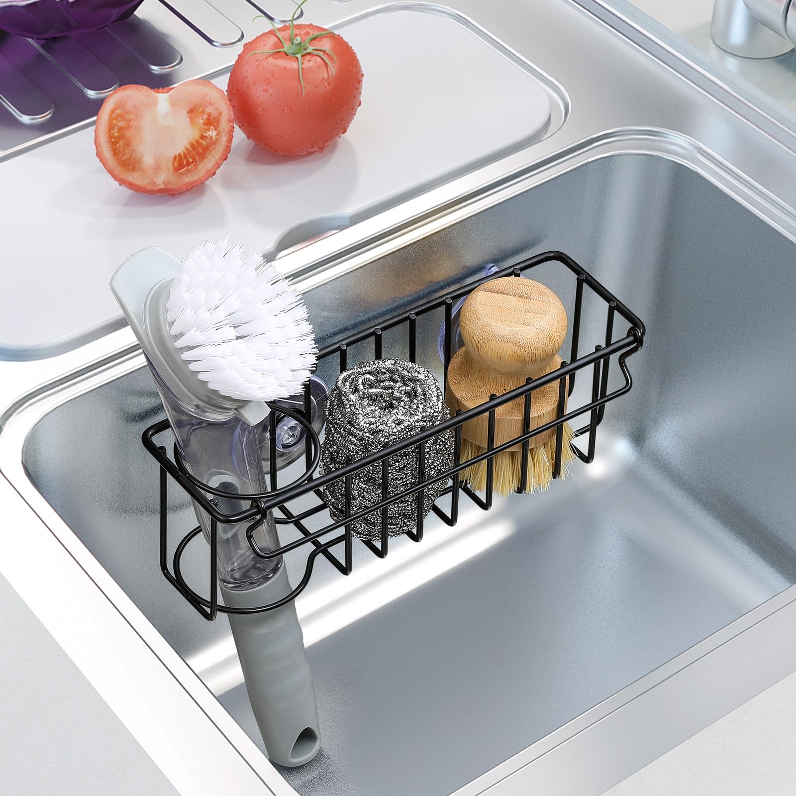 Sponge Holder for Kitchen Sink with Suction Cups & Adhesive Hook, In-sink Sponge Holder, Wall Hanging Sink Caddy Organizer Rack 3-In-1