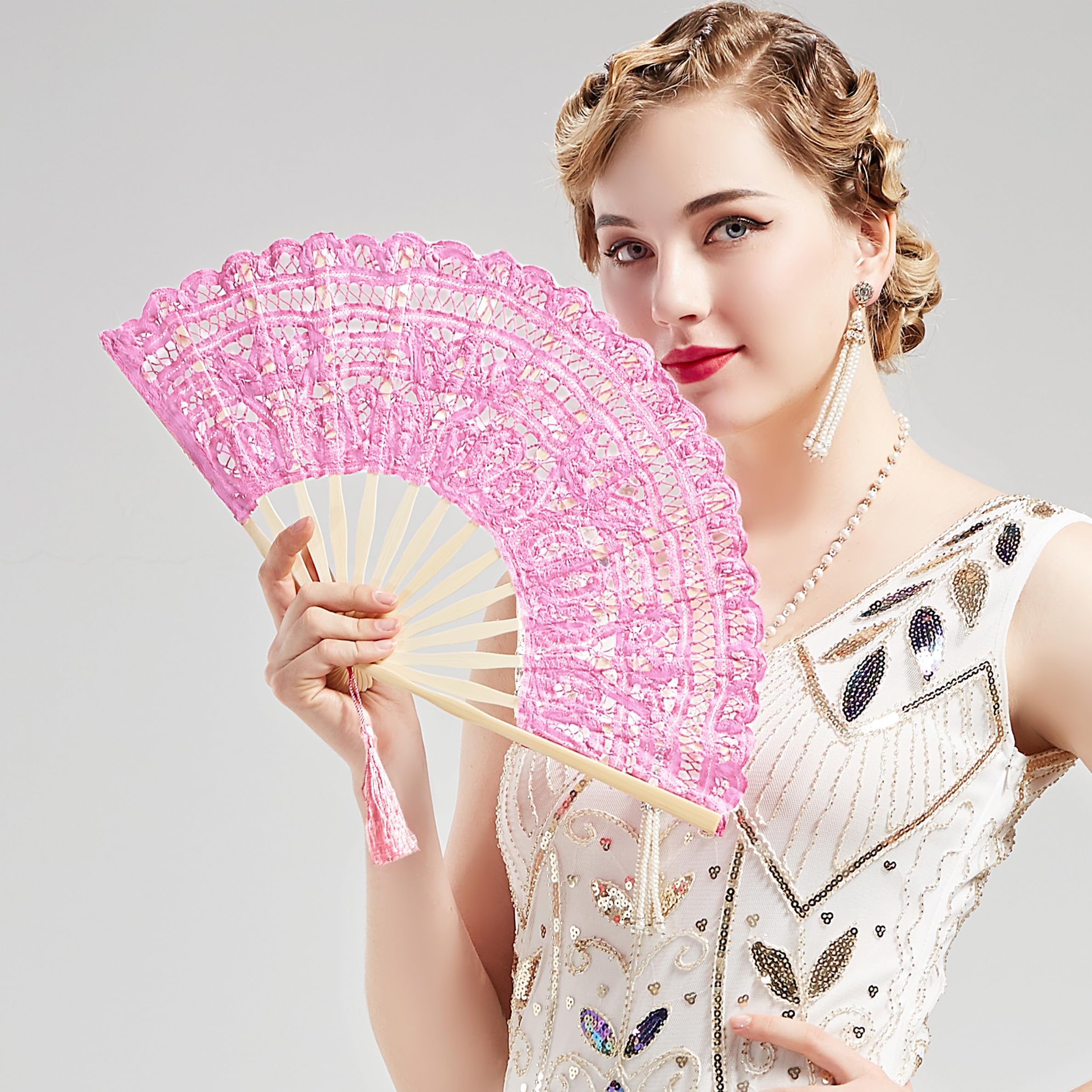 Cotton Lace Folding Handheld Fan Embroidered Hand Fan with Bamboo Staves