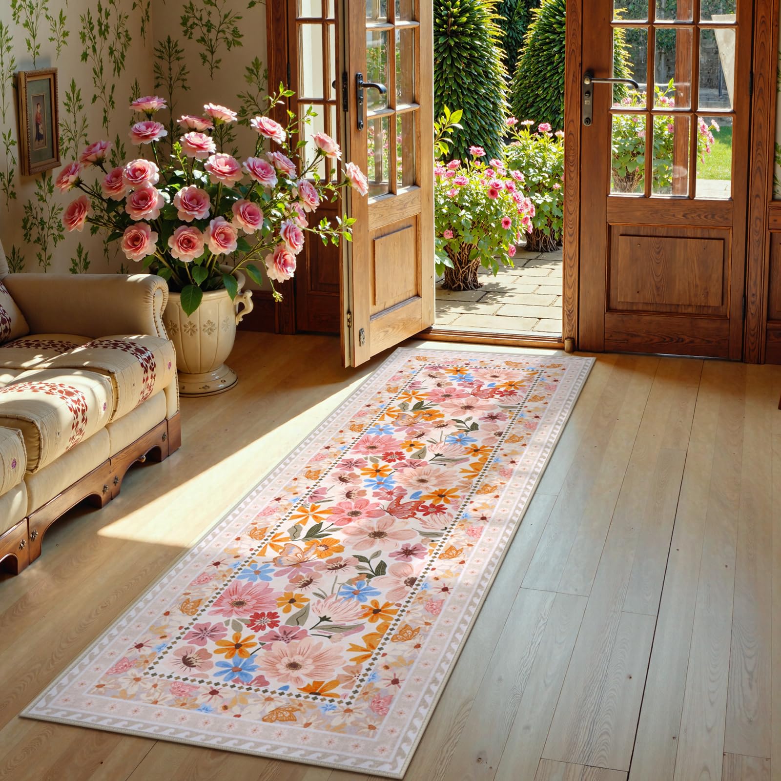 Floral Hallway Runner Rug, Runner Rugs Non Skid Washable, Low Pile Soft Boho Rugs