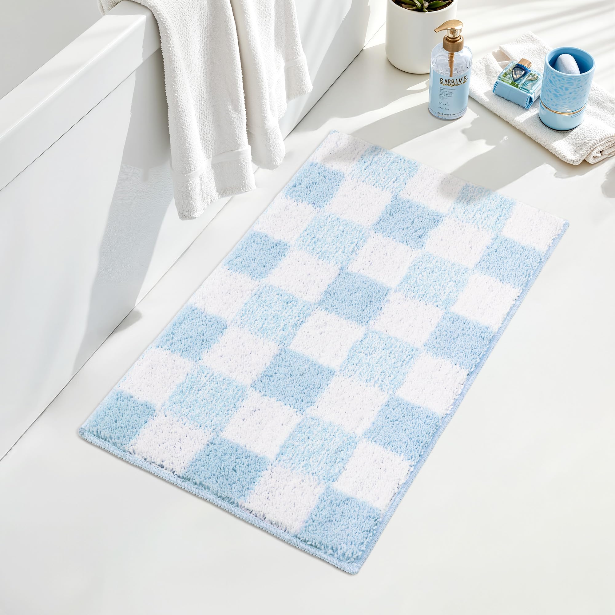 Checkered Bathroom Rugs, Fluffy Rug, Absorbent Microfiber Ultra Soft Bath Mat Washable, Non-Slip Bath Mats for Bathroom, Cute Floor Mat