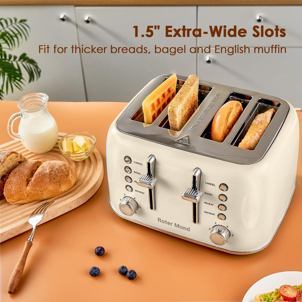Toaster 4 Slice Retro Stainless Steel with Extra Wide Slots, Reheat Function, Dual Independent Control Panel, Removable Crumb Tray, 6 Browning Levels