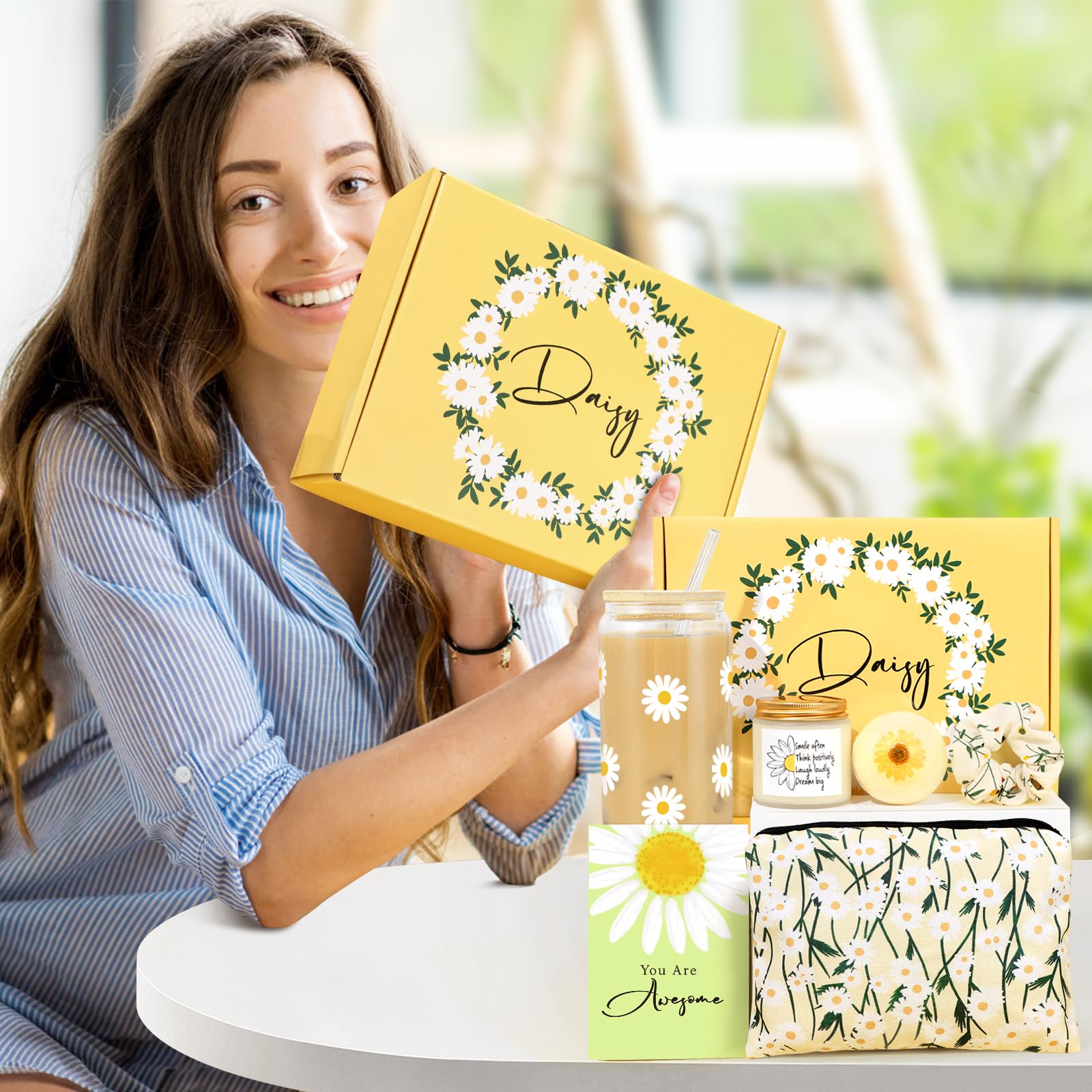 Daisy Glass Cup with Lid & Straw, Cute, 16oz