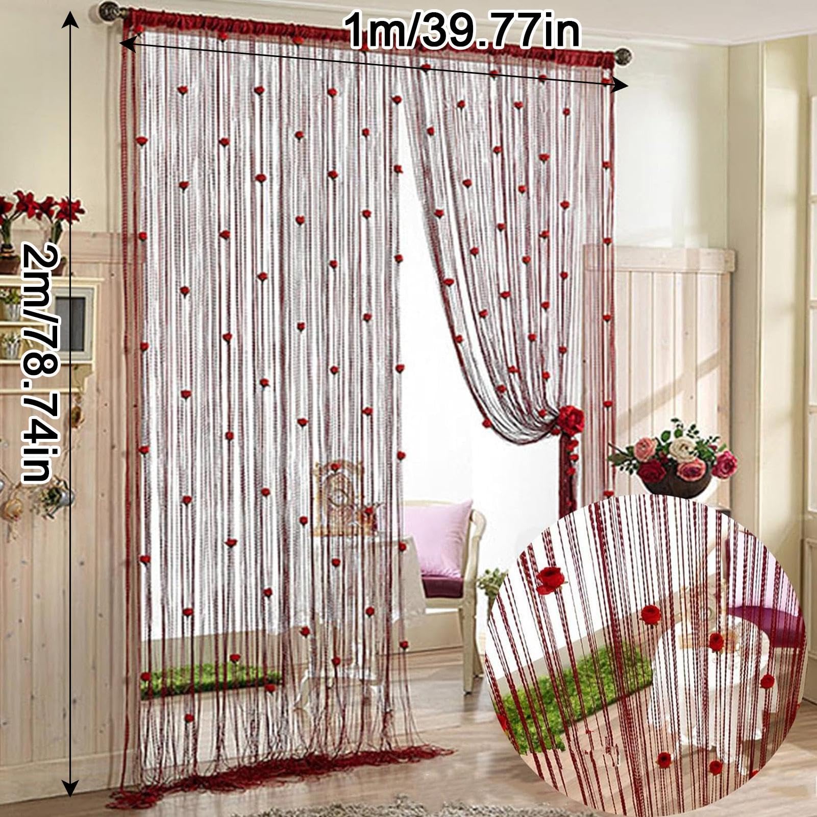 New Beaded String Curtain with Roses - 100 x 200cm Fly Screens for Doors, Tassel Fringe