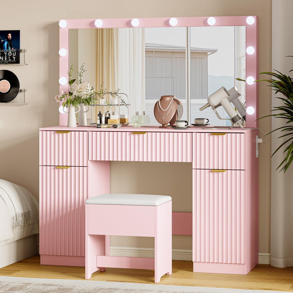 Makeup Vanity Desk with Mirror, Fluted Panel, Large LED Mirror, 3 Lighting Modes & Adjustable Brightness, Charging Station, Dressing Table with Stool