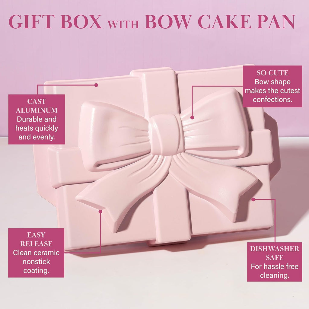 Paris Hilton Gift Box with Bow Cake Pan, Cast Aluminum with Clean Ceramic Nonstick Bakeware, 10.5 x 8-Inch Pink