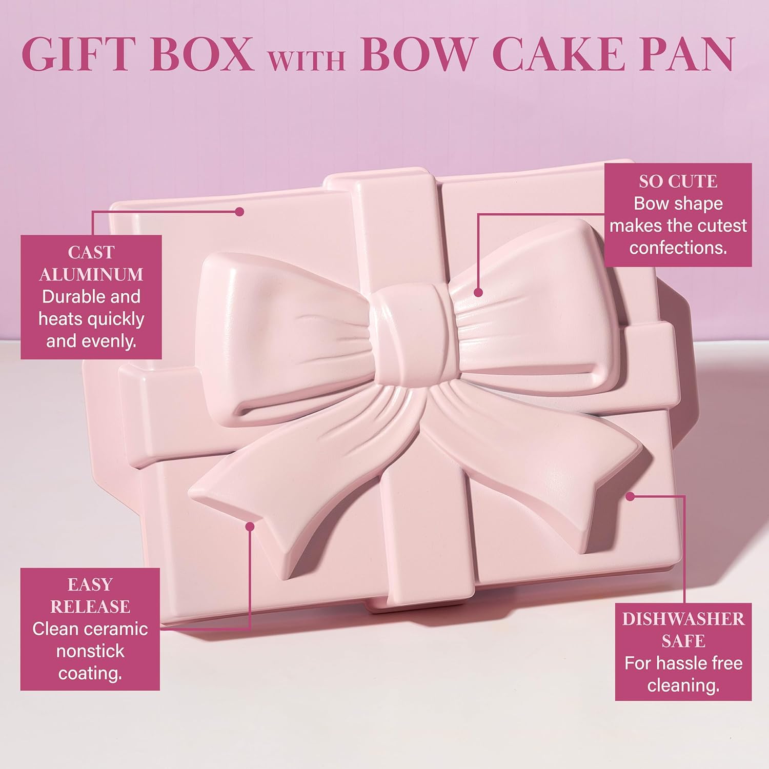 Paris Hilton Gift Box with Bow Cake Pan, Cast Aluminum with Clean Ceramic Nonstick Bakeware, 10.5 x 8-Inch Pink