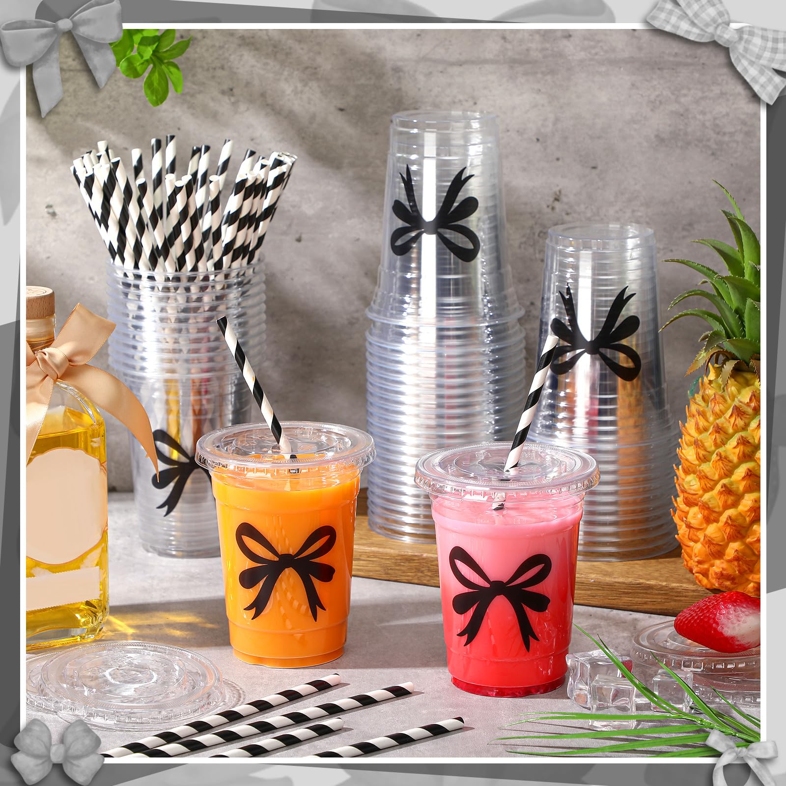 Coquette Bow Disposable Plastic Cups with Straw