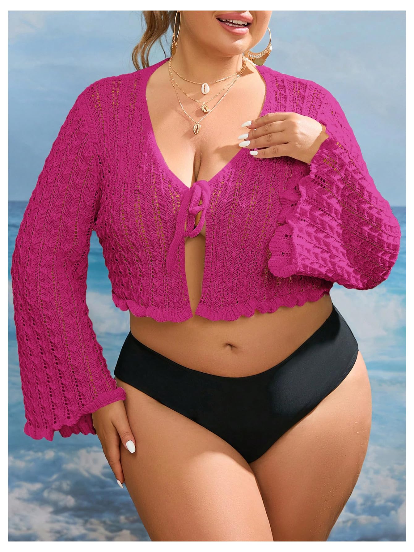 Women's Plus Size V Neck Long Flounce Sleeve Tie Front Knit Crop Cardigan