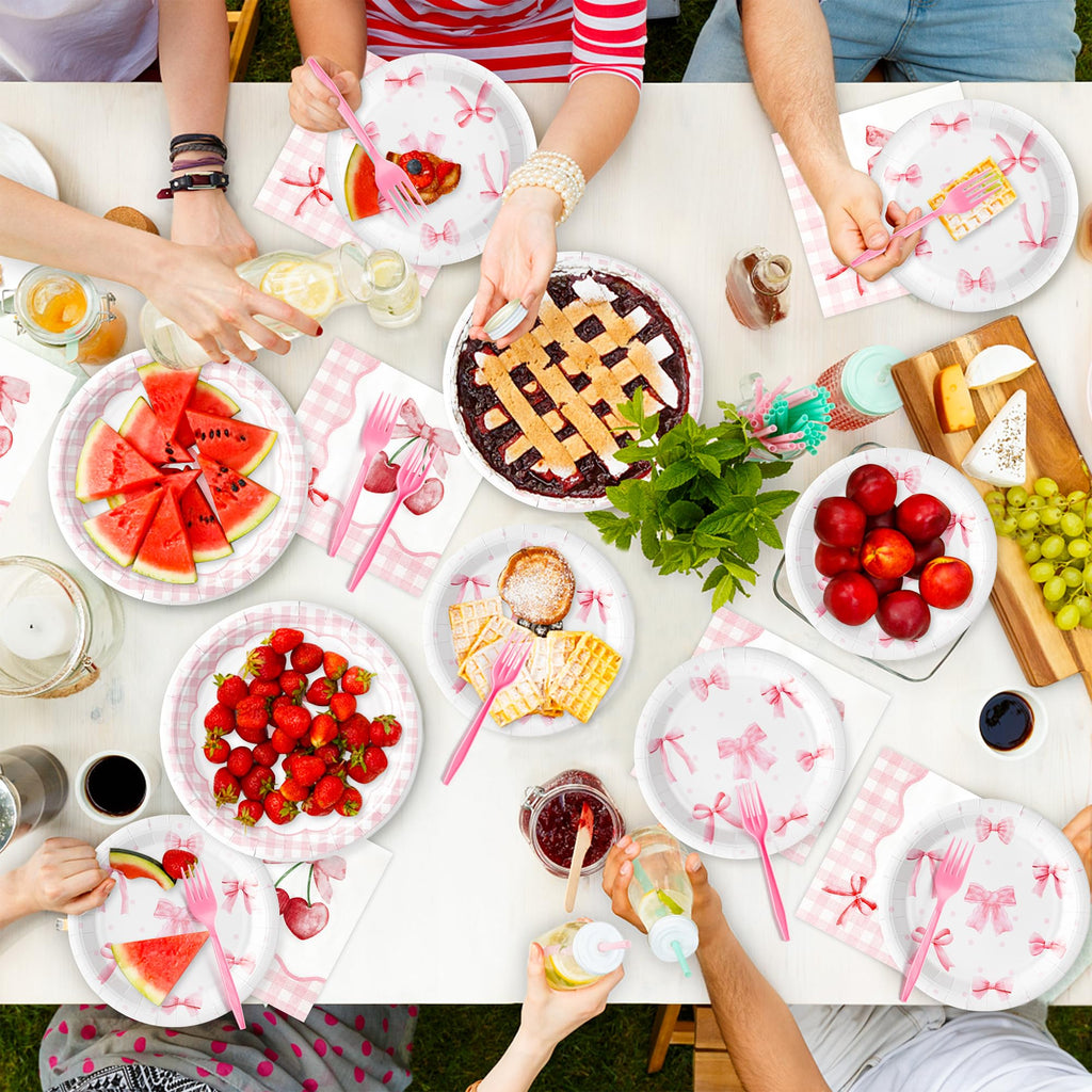 Coquette Cute Bow Party Tableware Decorations - Disposable Paper Plates Napkins Forks