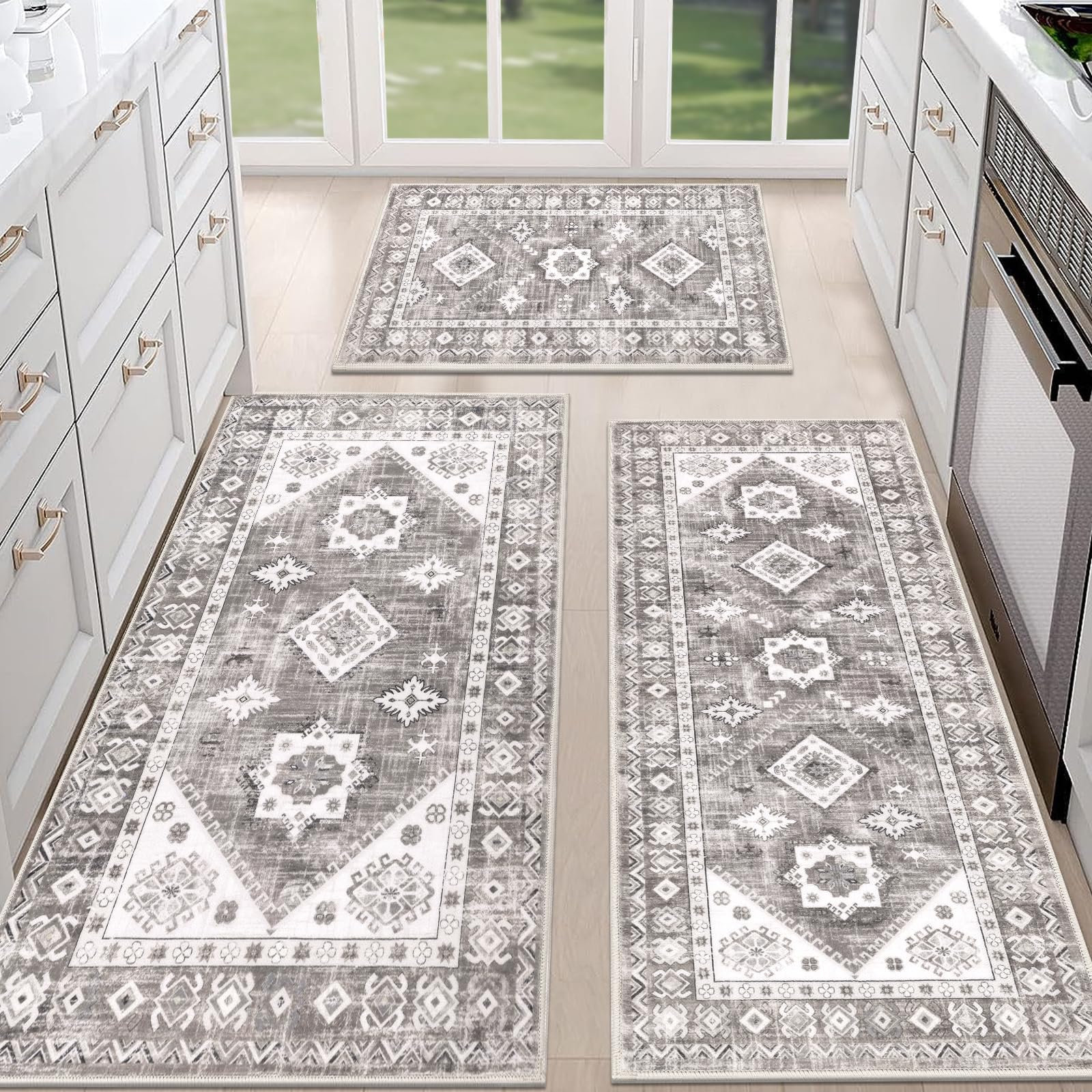 Thick Boho Kitchen Rug Sets 3 Piece with Runner Non Slip Kitchen Rugs and Mats Washable Kitchen Mats