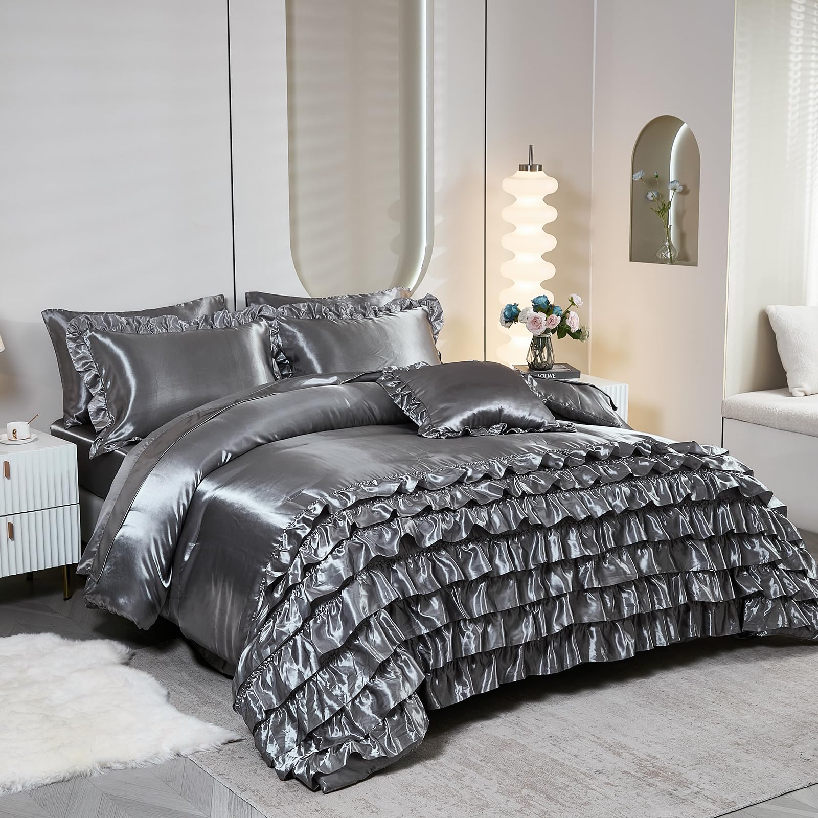 Ruffle Comforter Set 8 Pieces Satin Comforter Set with Sheet Set - Waterfall Ruffle Design Luxurious Silky Comforter Set