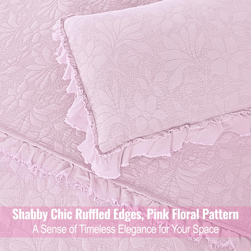 Ruffled Floral Quilts Soybean Fiber Filling Bedding Set 3 Piece, Stone-Washed Microfiber Shabby Chic Lightweight Soft Bedspread