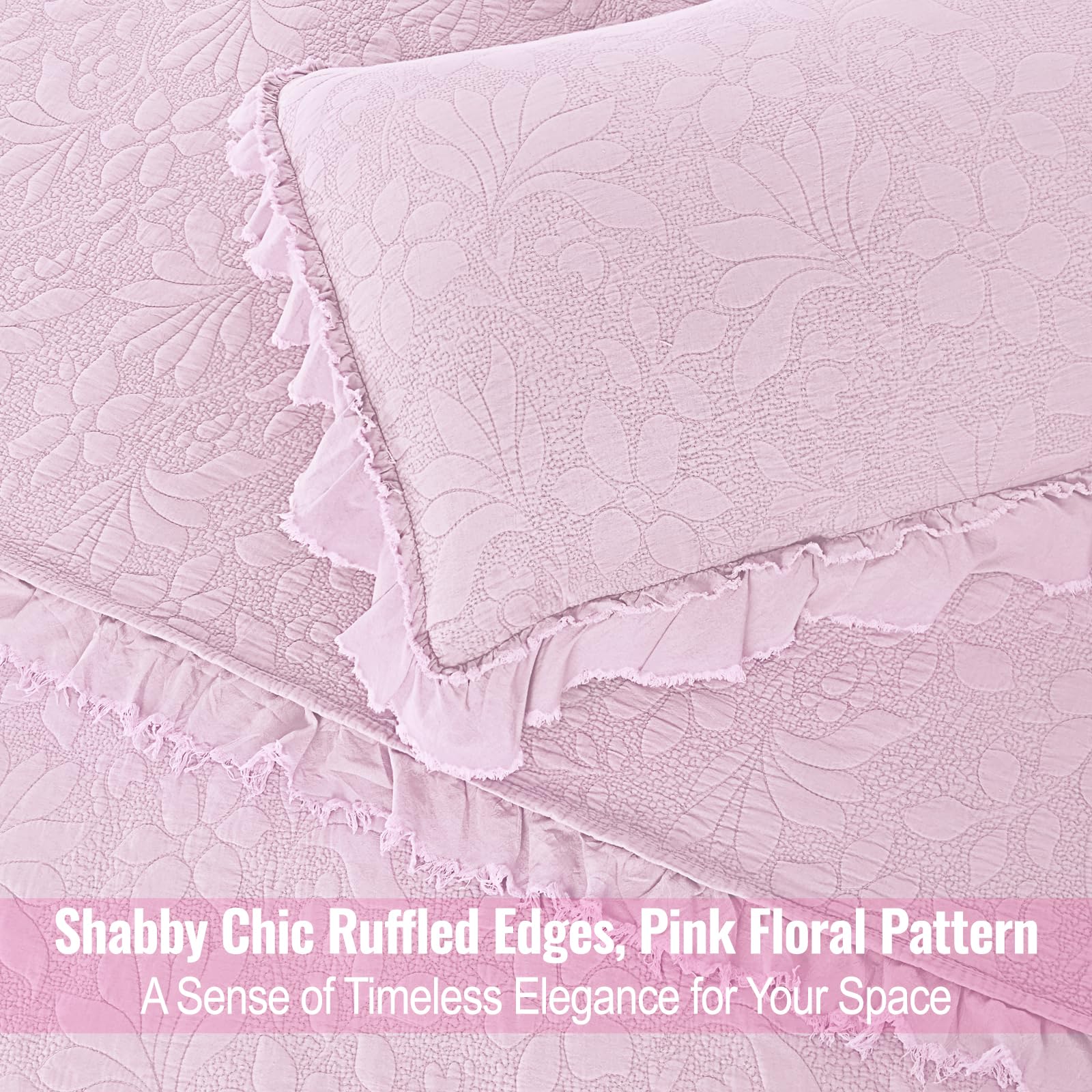 Ruffled Floral Quilts Soybean Fiber Filling Bedding Set 3 Piece, Stone-Washed Microfiber Shabby Chic Lightweight Soft Bedspread