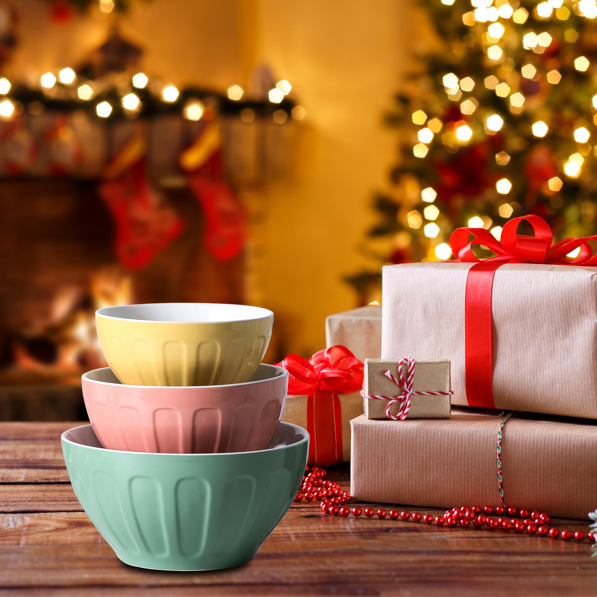 Ceramic Mixing Bowls for Kitchen, 3-Piece Large Colorful Serving Bowls, 3.13/1.68/1.18 Qt Deep Microwaveable Nesting Bowl, Stackable and Functional