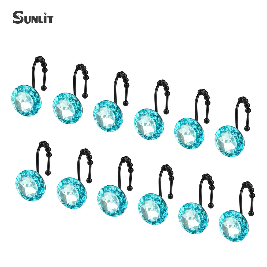 Luxury Design Round Diamond Crystal Gem Bling with Glide Balls Shower Curtain Hooks, Rust Proof Metal Rhinestones Glam Shower Curtain Rings-12 Pack