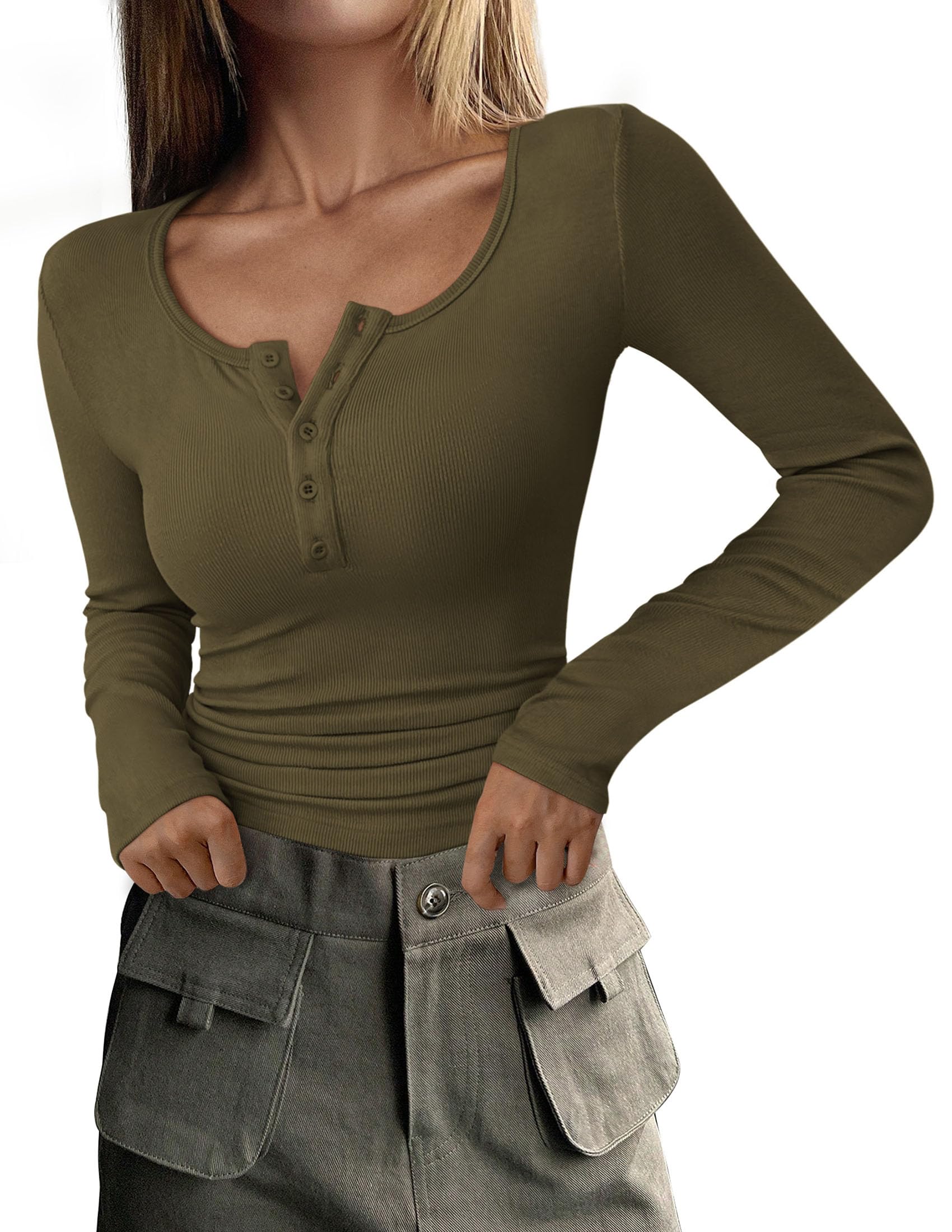 Women's Long Sleeve T Shirts Button Ribbed Knit Slim Fit Basic Tops Blouse