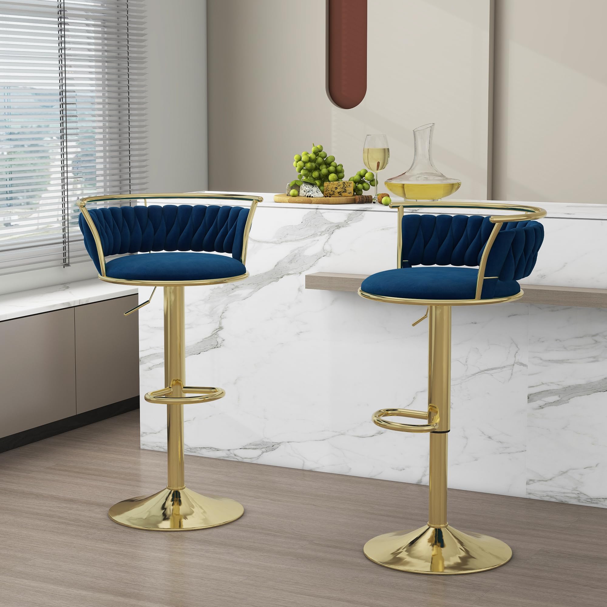 Velvet Swivel Bar Stools, Adjustable Counter Height Bar Chairs with Low Back & Footrest, Modern Gold Bar Stools for Kitchen Island, Bar Pub