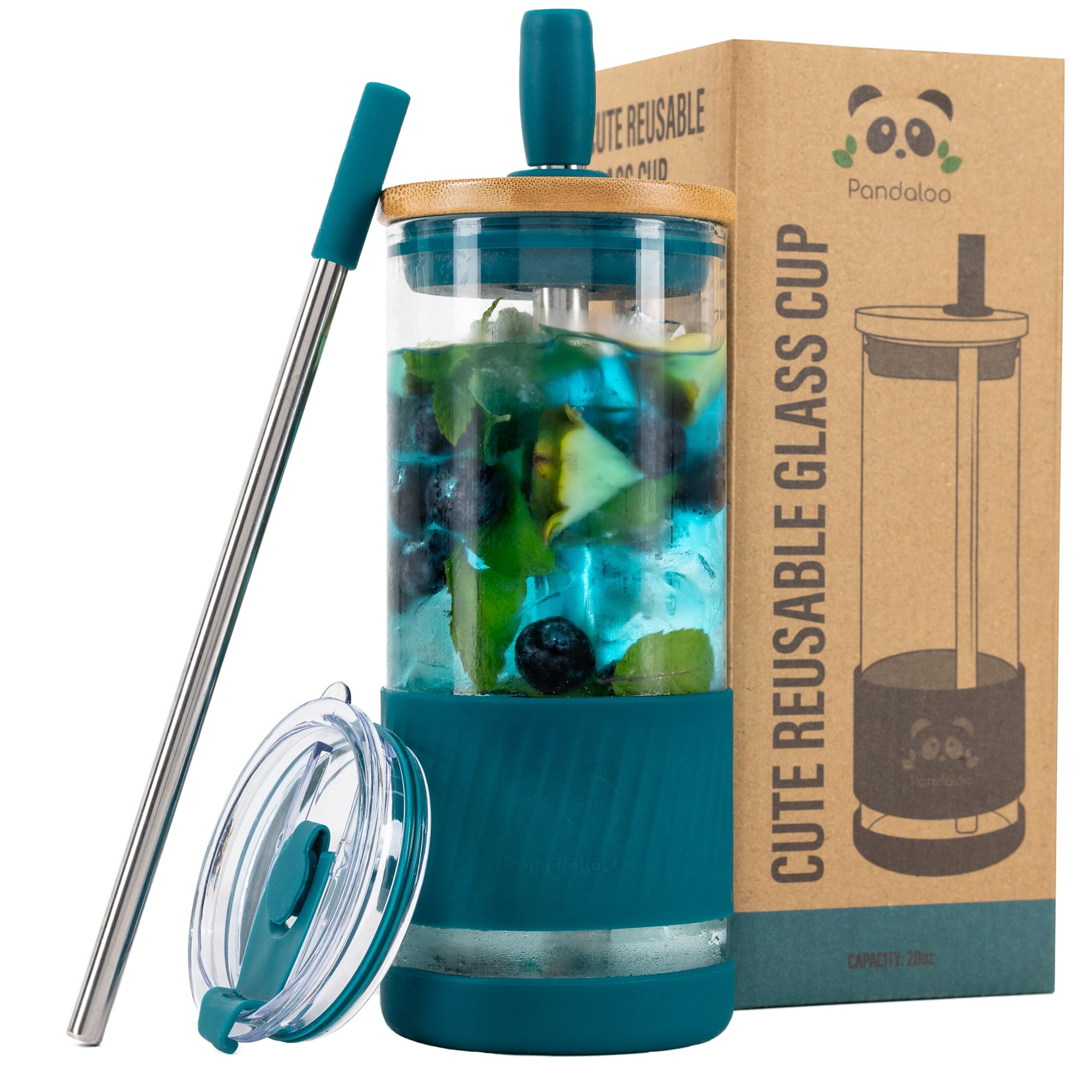 Pandaloo® Glass Cups With Lids and Straws -20 Fl Oz- Perfect Size Iced Coffee Cup - Smoothie Cup With Bamboo Lid and On the go Lid - Glass Tumbler With Straw