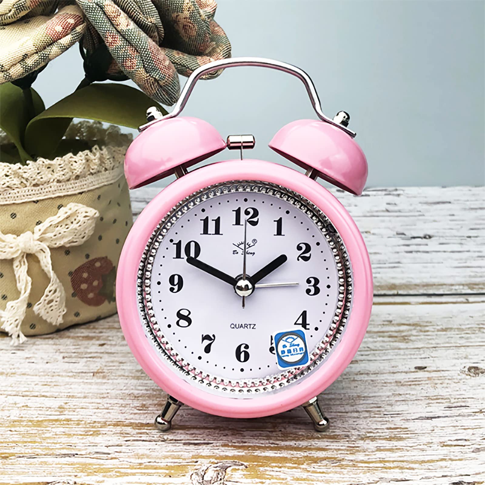 Cute Heart Shapes Twin Bell Loud Alarm Clock Silent Analog Quartz Nightlight Tableclock Battery Operated for Kids, Seniors, Heavy Sleepers, Decorations for Bedroom, Living Room 3 Inches