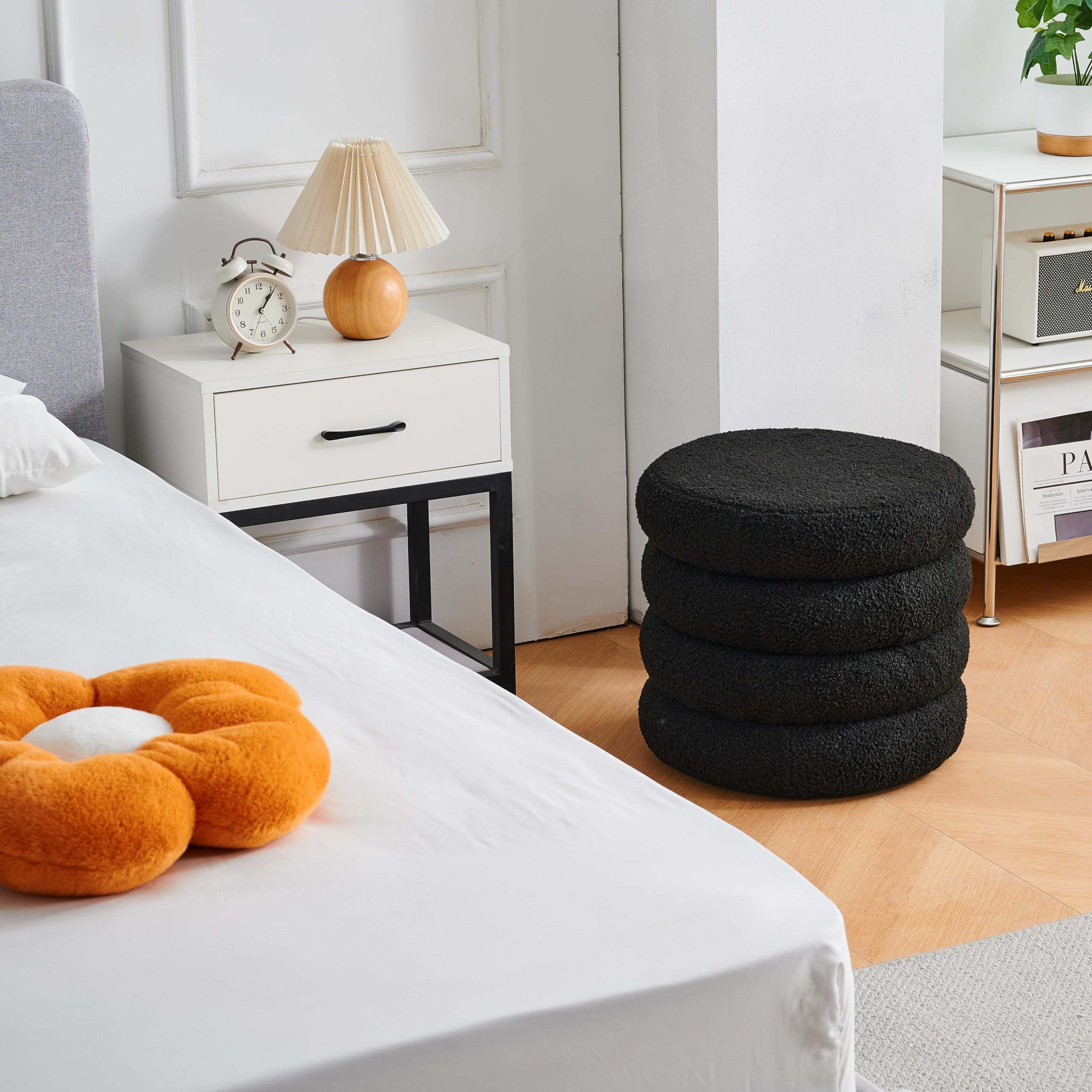 Round Storage Ottoman, Modern Sherpa Footstool with Flip-Top