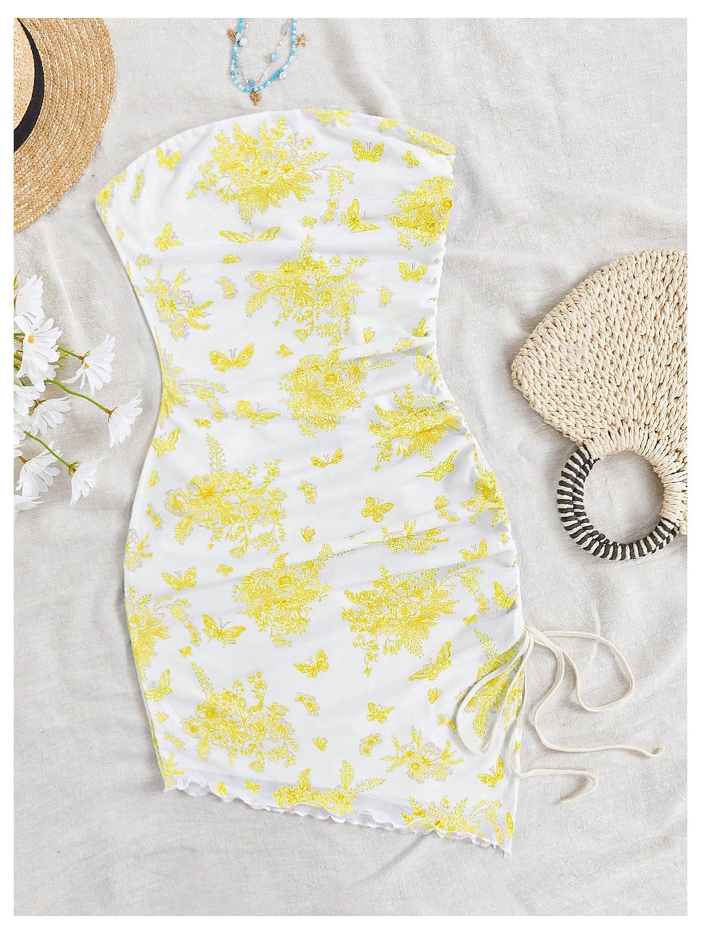 Women's Floral Print Tube Dress Ruched Drawstring Slit Hem Mini Dresses