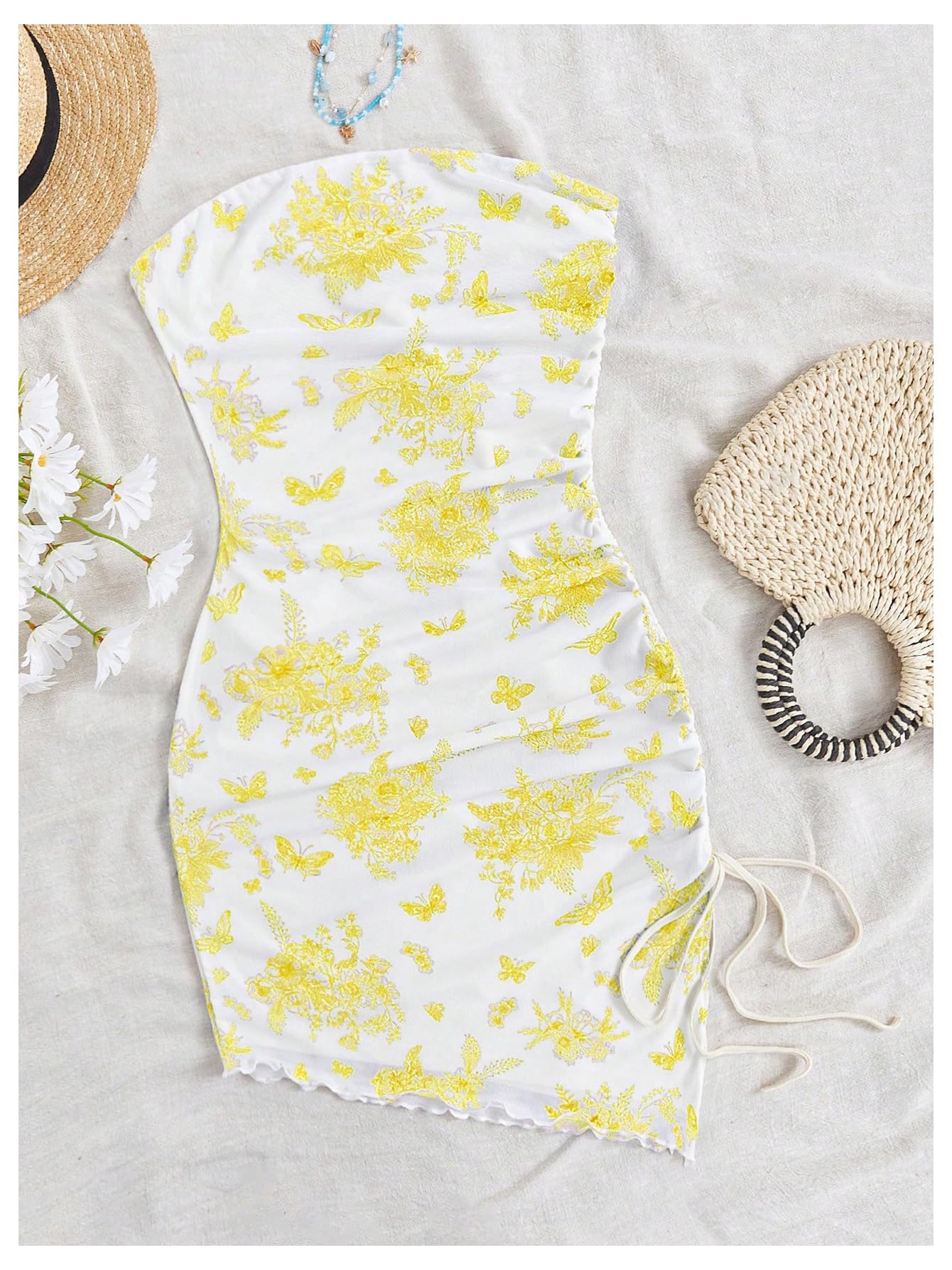 Women's Boho Floral Mini Tube Dress Ruched Asymmetrical Bodycon Dresses