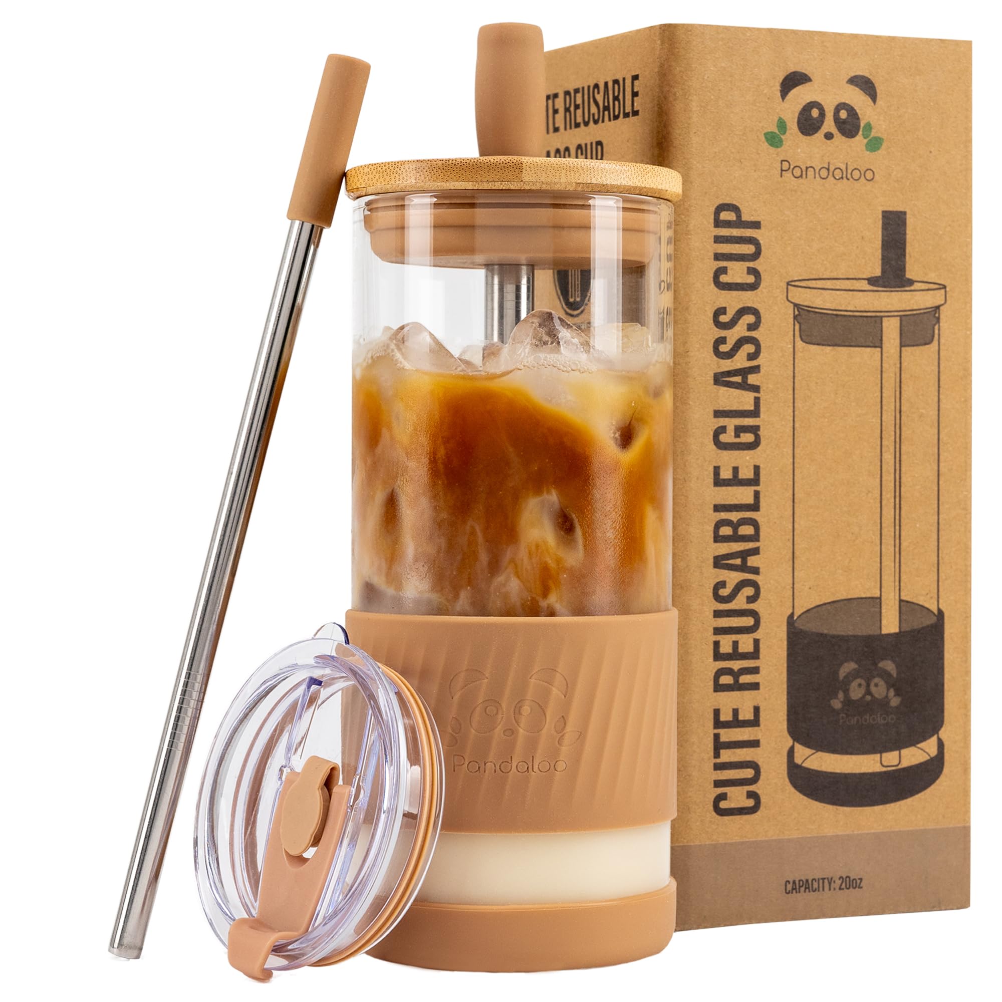 Pandaloo® Glass Cups With Lids and Straws -20 Fl Oz- Perfect Size Iced Coffee Cup - Smoothie Cup With Bamboo Lid and On the go Lid - Glass Tumbler With Straw