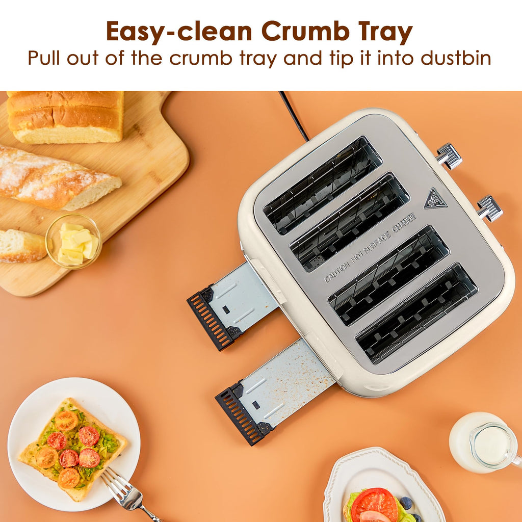 Toaster 4 Slice Retro Stainless Steel with Extra Wide Slots, Reheat Function, Dual Independent Control Panel, Removable Crumb Tray, 6 Browning Levels