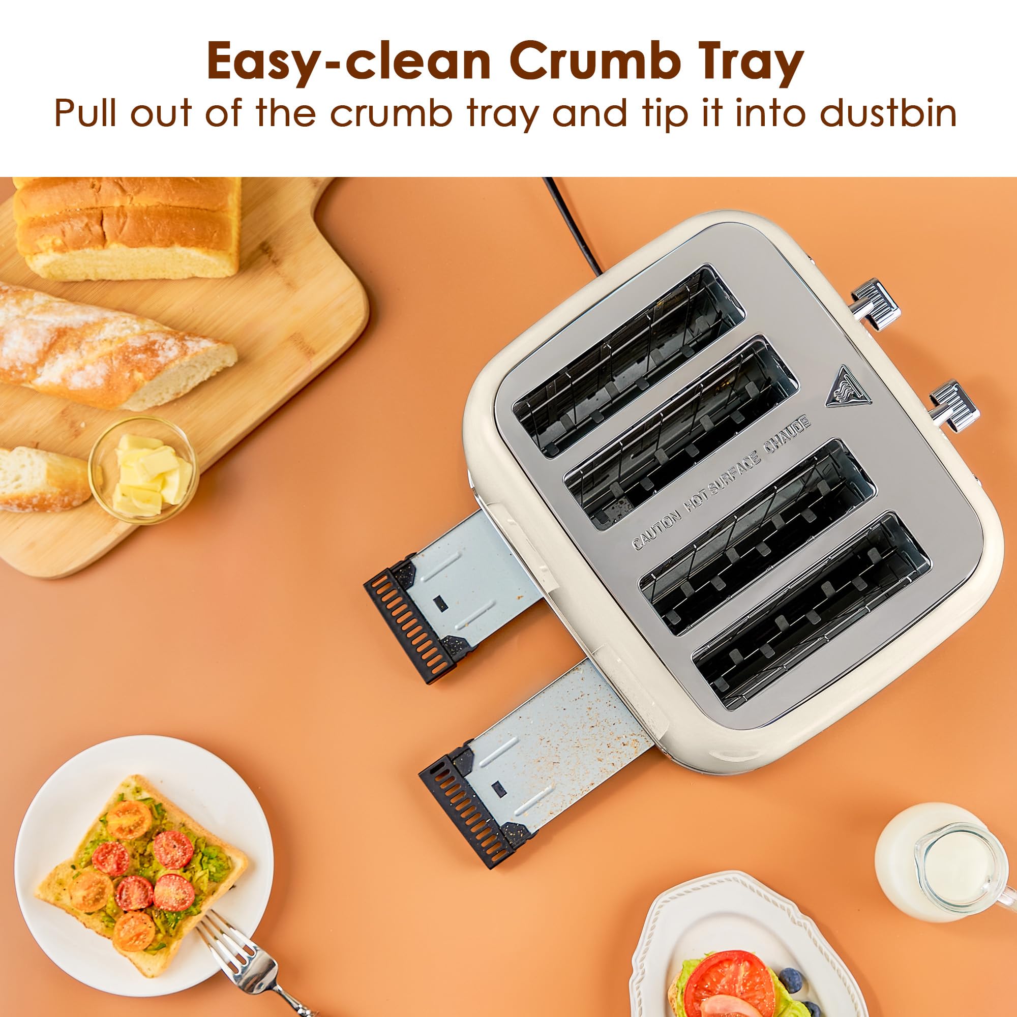 Toaster 4 Slice Retro Stainless Steel with Extra Wide Slots, Reheat Function, Dual Independent Control Panel, Removable Crumb Tray, 6 Browning Levels