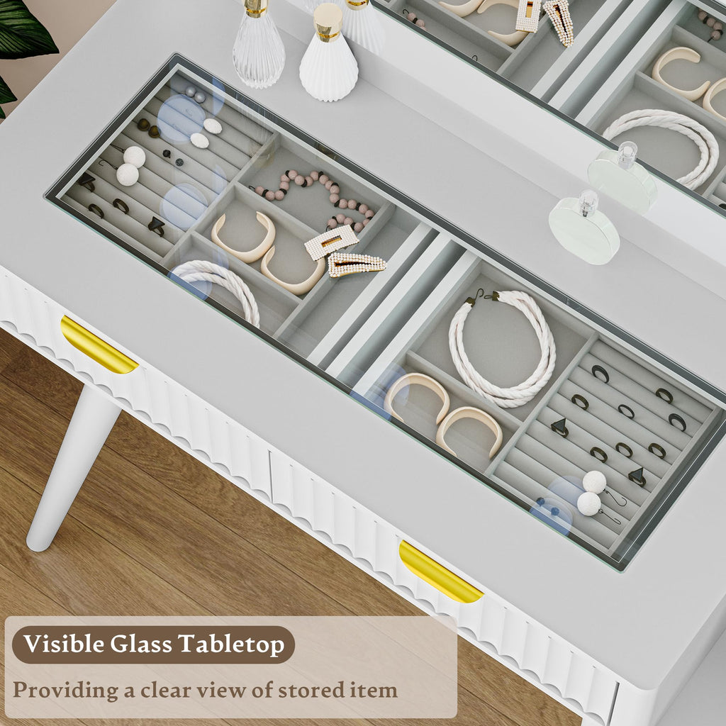 Fluted Vanity Desk with Mirror and Lights, 45" Glass Top Makeup Table Set with 5 Drawers, Power Outlet & Storage Cabinet, Large Dressing Table with RGB Ambient Light