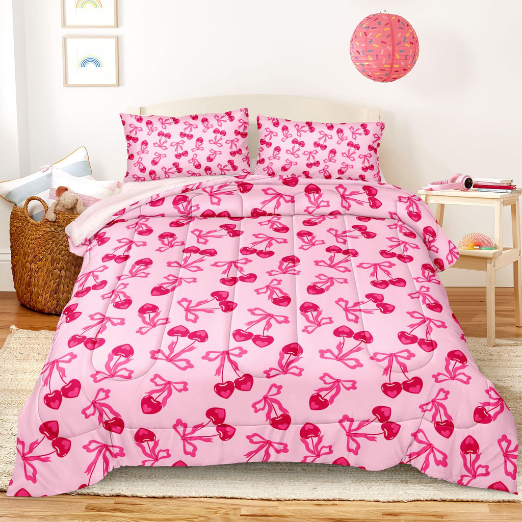 Pink Bowknot Comforter Set 4 Pcs Bow Tie Princess Bedding Blush Red Cherry Bed Quilt