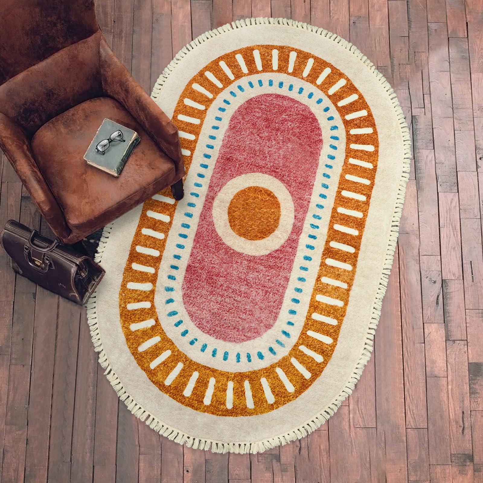 Orange Rainbow Boho Runner Rugs with Fringes, Sun Washable Hallway Runner Rug, Soft Non-Slip Area Rug