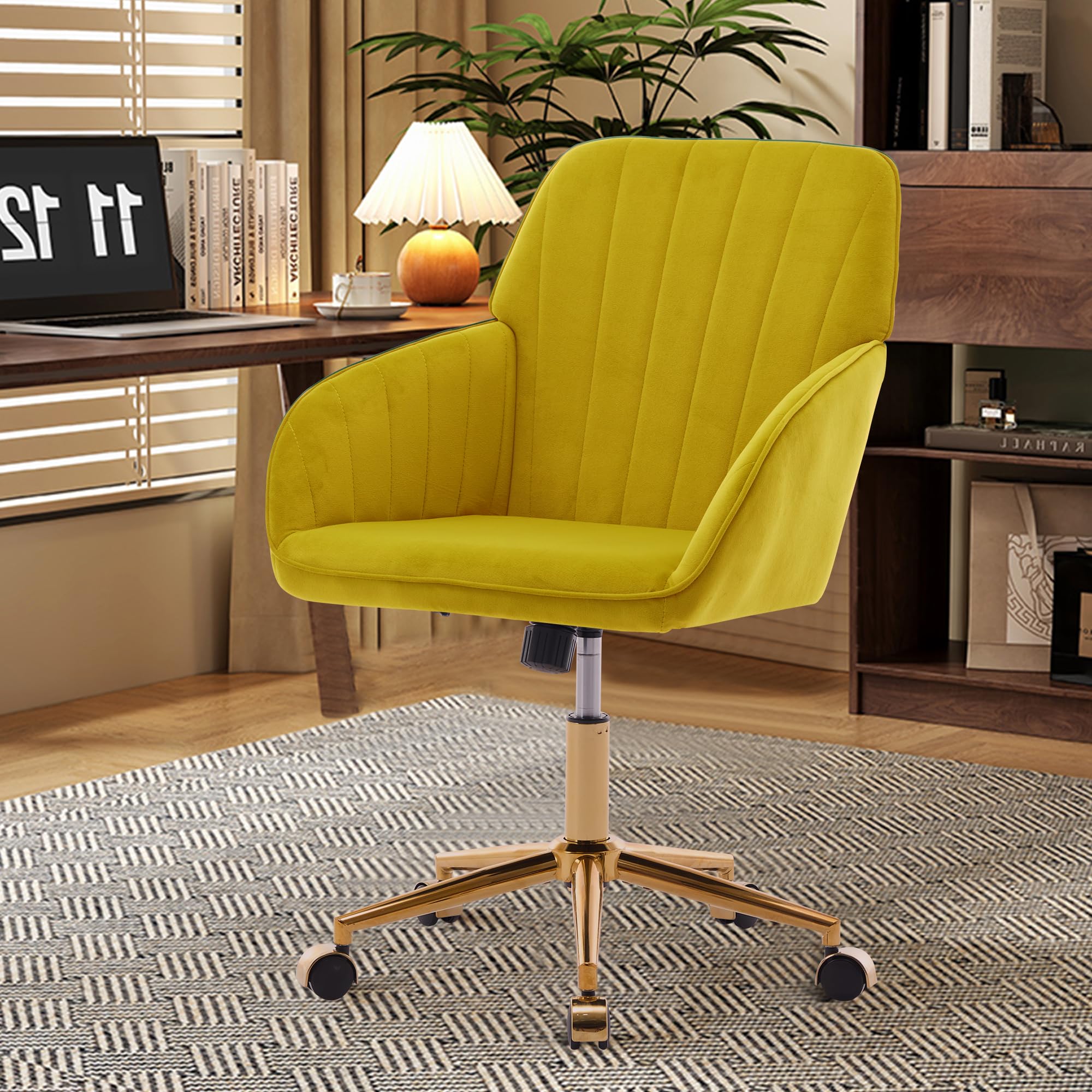 Modern Vanity Velvet Adjustable Low Back Rolling Chair, Twill Upholstered Cute Chair with Wheels