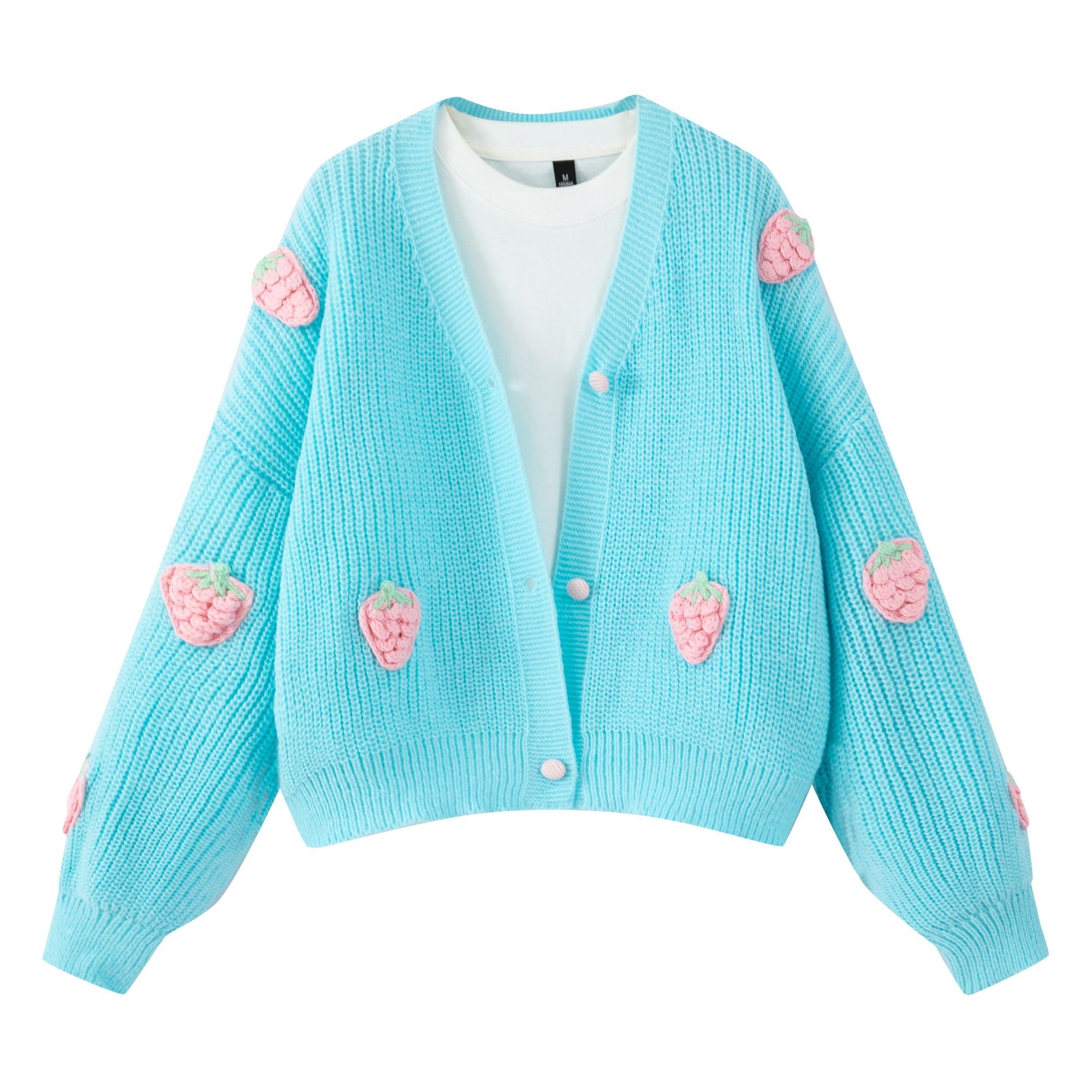 Women's Kawaii Strawberry Embroidered Cardigan Long Sleeve V Neck Chunky Knitted Cardigans