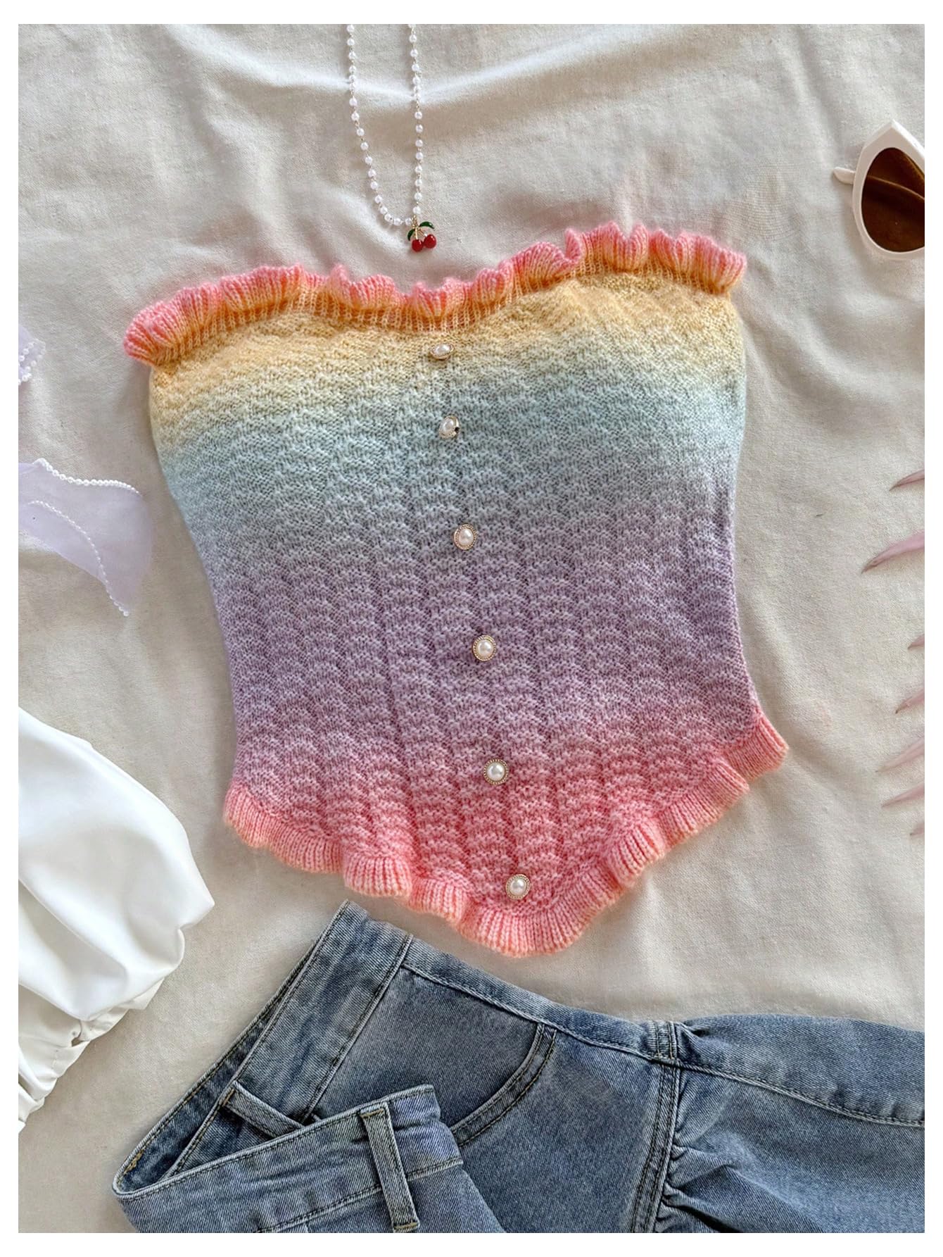 Women's Pearl Strapless Tops Summer Asymmetrical Tube Tops