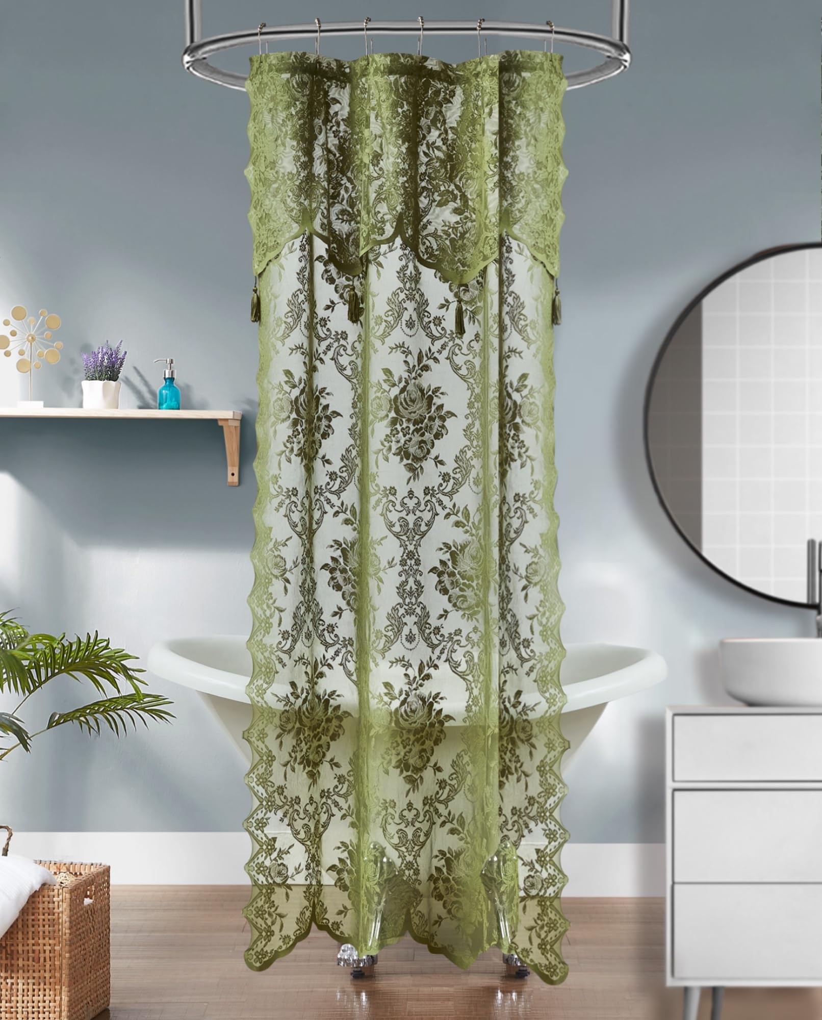 Luxury Lace Small Shower Curtain - Lace Shower Curtain with Attached Valance & Tassels