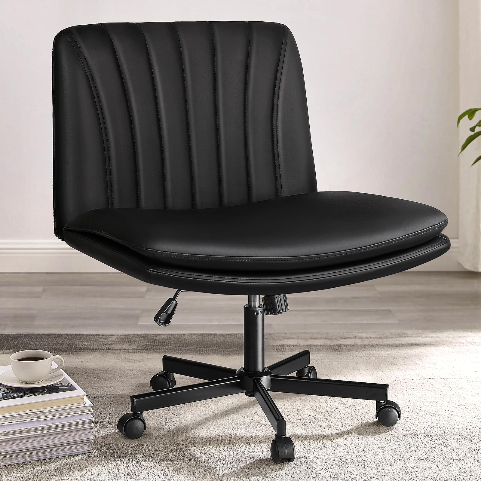 Criss Cross Chair, Armless Cross Legged Office Desk Chair No Wheels, Fabric Padded Modern Swivel Height Adjustable Mid Back Wide Seat