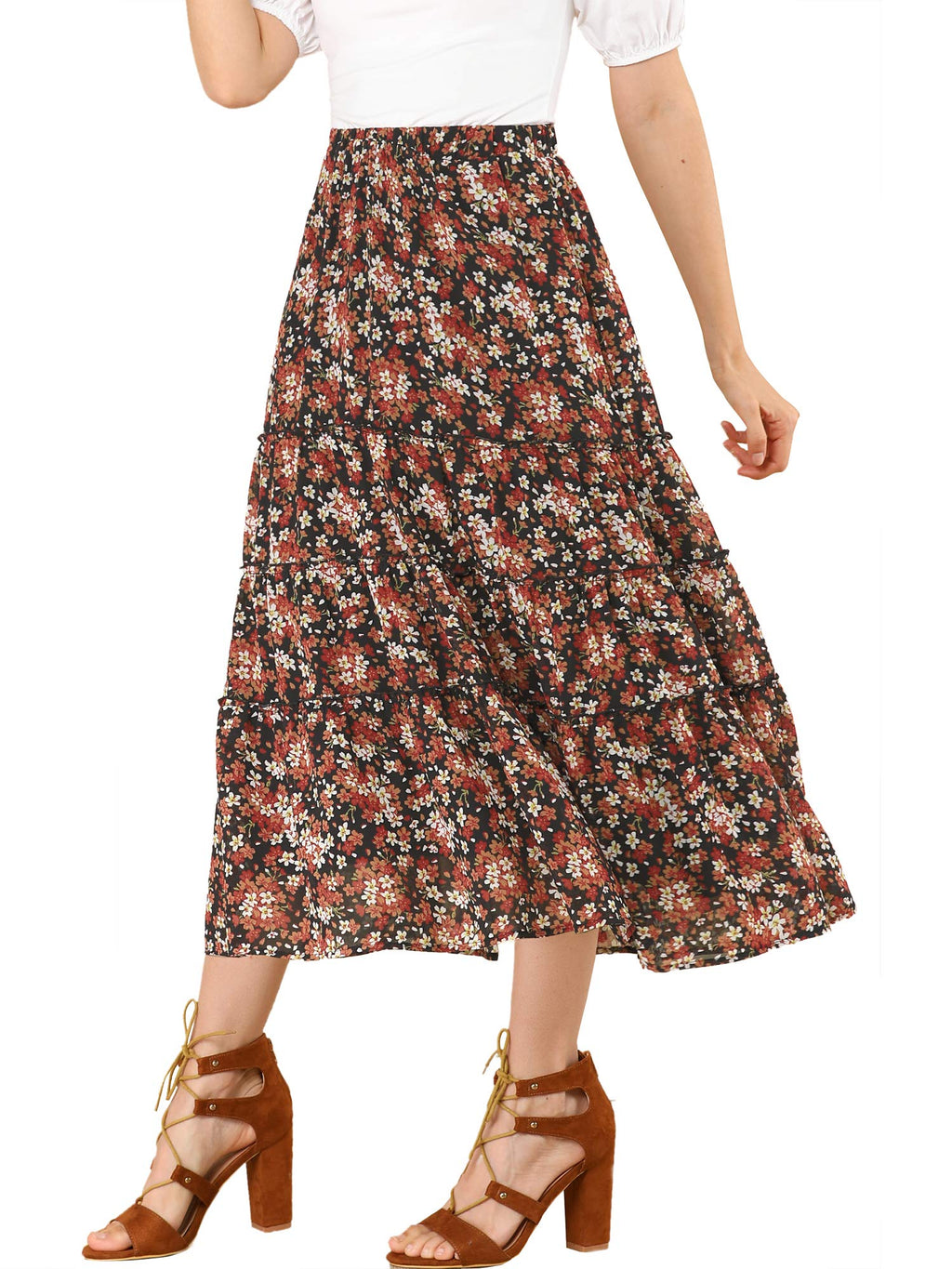 Women's Floral Skirt Chiffon A-line Long Tiered Ruffle Boho